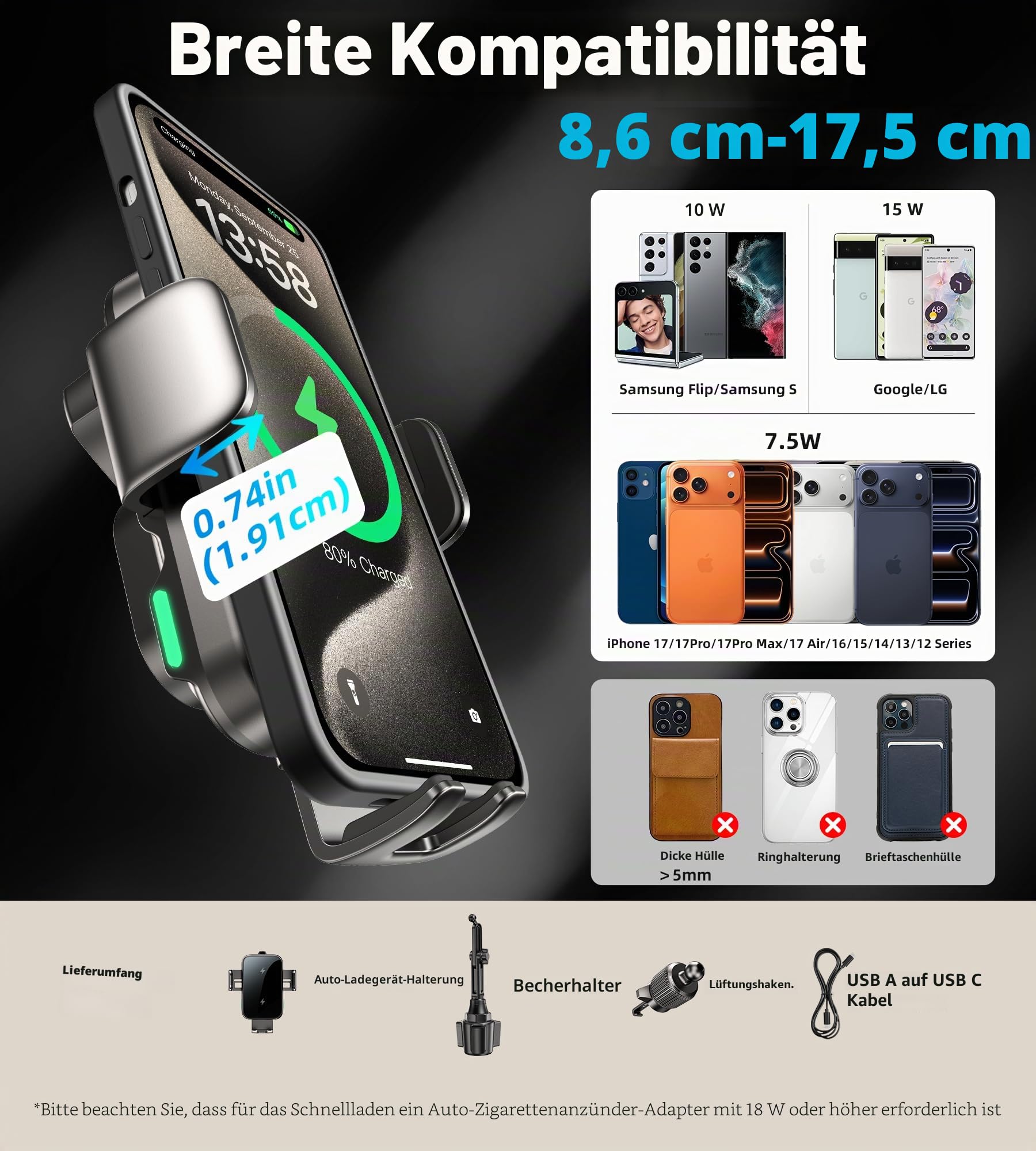15W Handyhalterung Auto mit Ladefunktion, [360° Automatische Klemmung] Induktive Ladestation Auto Wireless Charger für Lüftung+ Saugnapf, Kfz Ladegerät für iPhone 17-12 (Black-Cup)