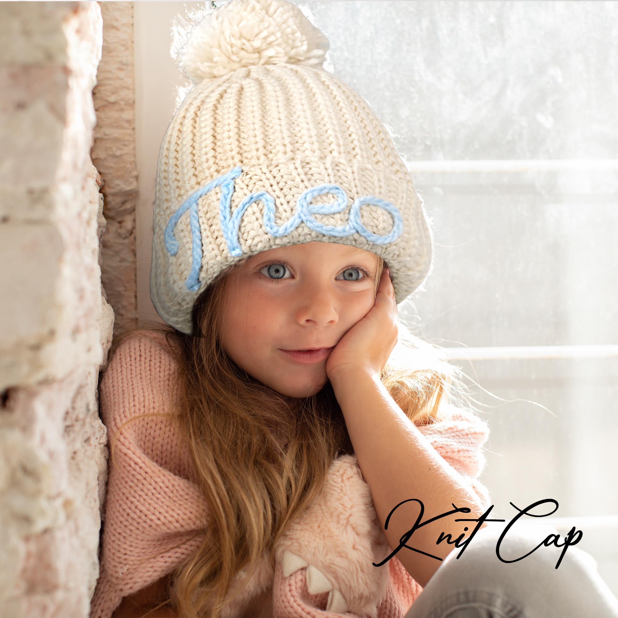 Custom Baby Beanie Hats, Personalized Hand Embroidered Knit Beanie with Name for Toddlers Girls Boys Kids White