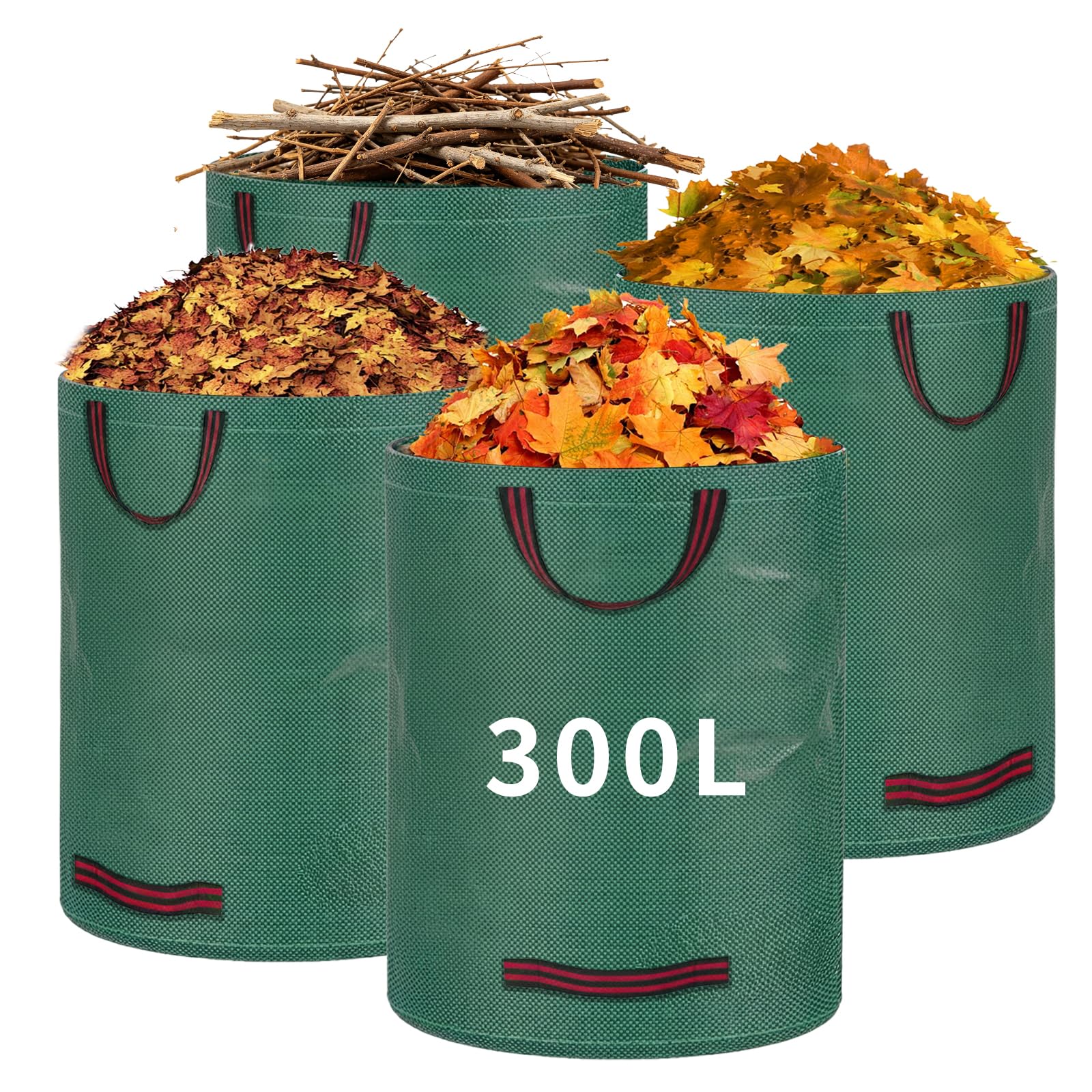 RITOLLO Garden Waste Bags 300L x 4 – Durable Reusable Garden Refuse Sacks with Handles for Leaves, Grass & Garden Waste