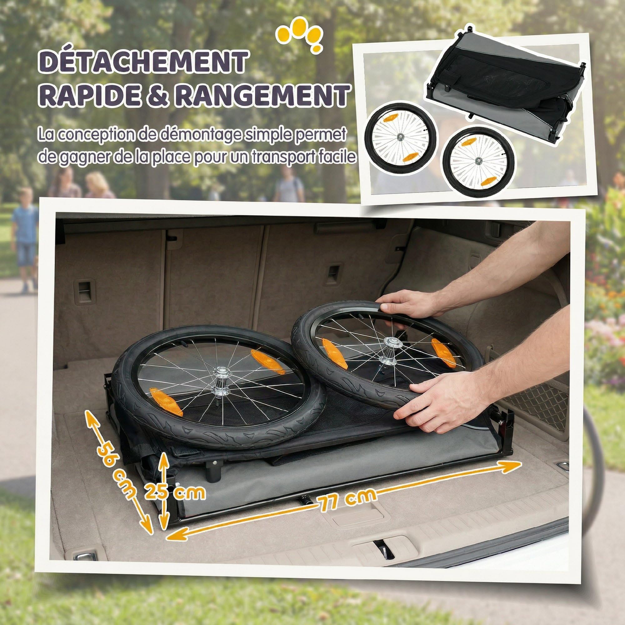 PawHut Remorque Vélo Chien avec Pneus 20" en Caoutchouc à Dégagement Rapide, Chariot pour Chien Moyen avec Attache Universelle, Réflecteurs, Drapeau, Laisse, Charge 20 kg, Gris et Noir
