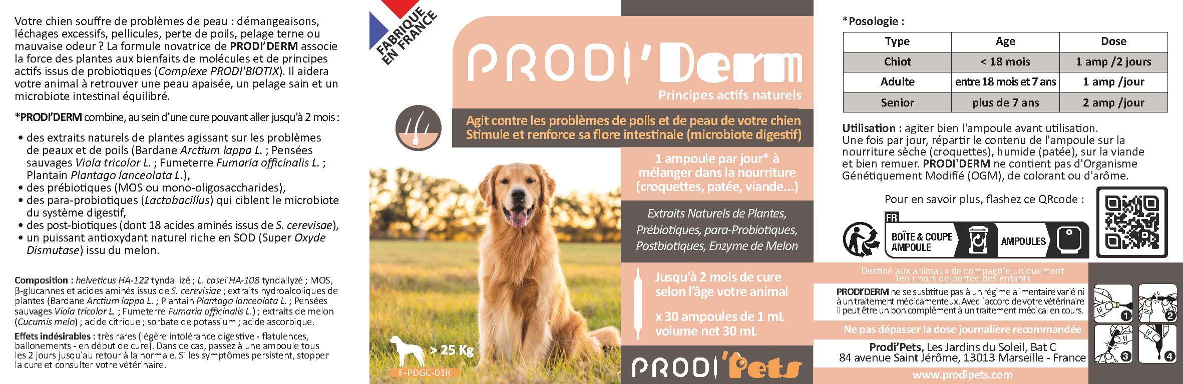 Soins de la Peau et beauté du Pelage - Complément Alimentaire - Actifs naturels à Base de Para-probiotiques et extraits de Plantes - 30 Ampoules - Cure d'1 Mois - PRODI'DERM Chien - 110 g