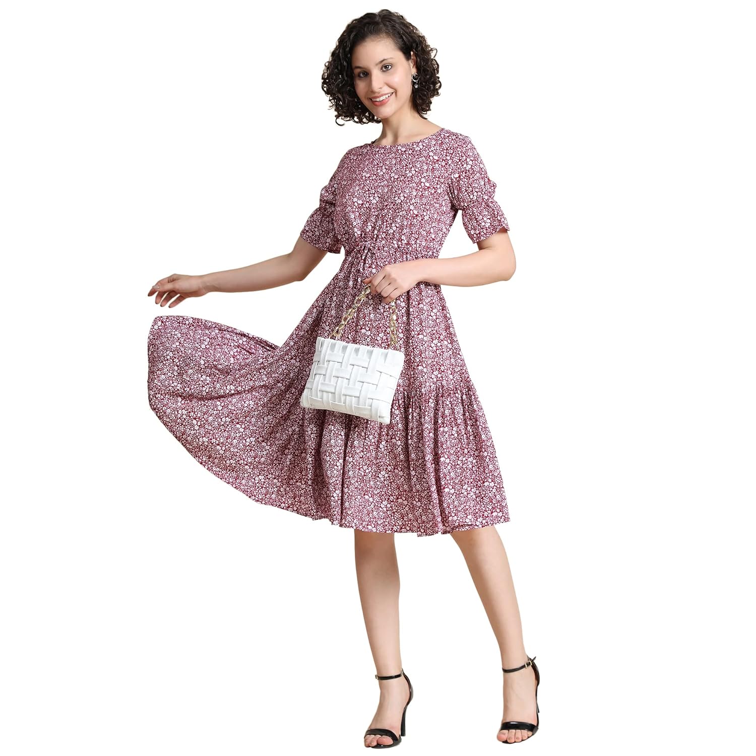 KERI PERRY Women’s Maroon Muslin Floral Print Flared Western Dress KERI PERRY Women’s Maroon Muslin Floral Print Flared Western Dress