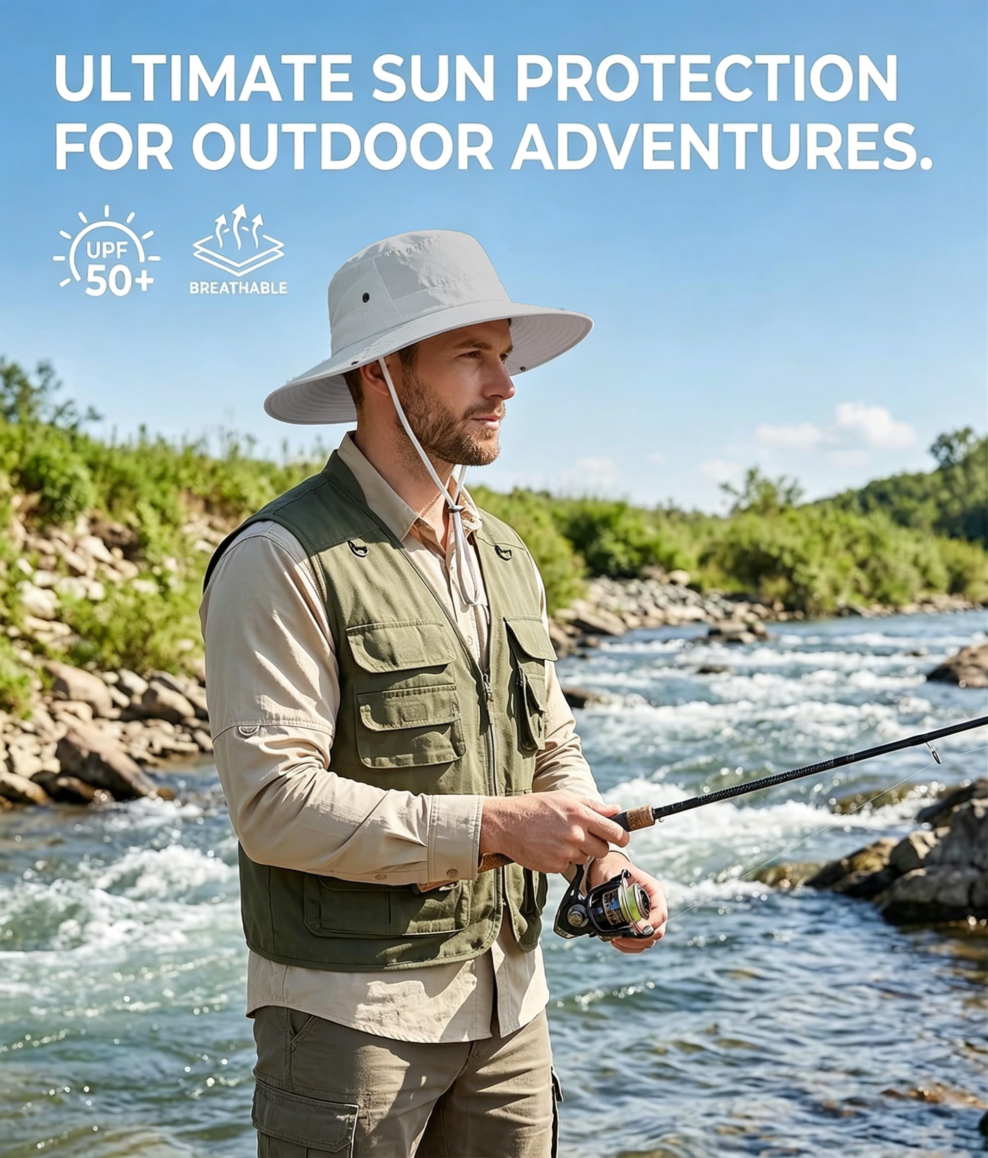 Sonnenhut Herren Damen Wasserdicht, UPF 50+ UV-Schutz Wanderhut Faltbar, Atmungsaktives Mesh Fischerhut mit Breiter Krempe Verstellbarem Kinnband für Outdoor Angeln Garten Safari
