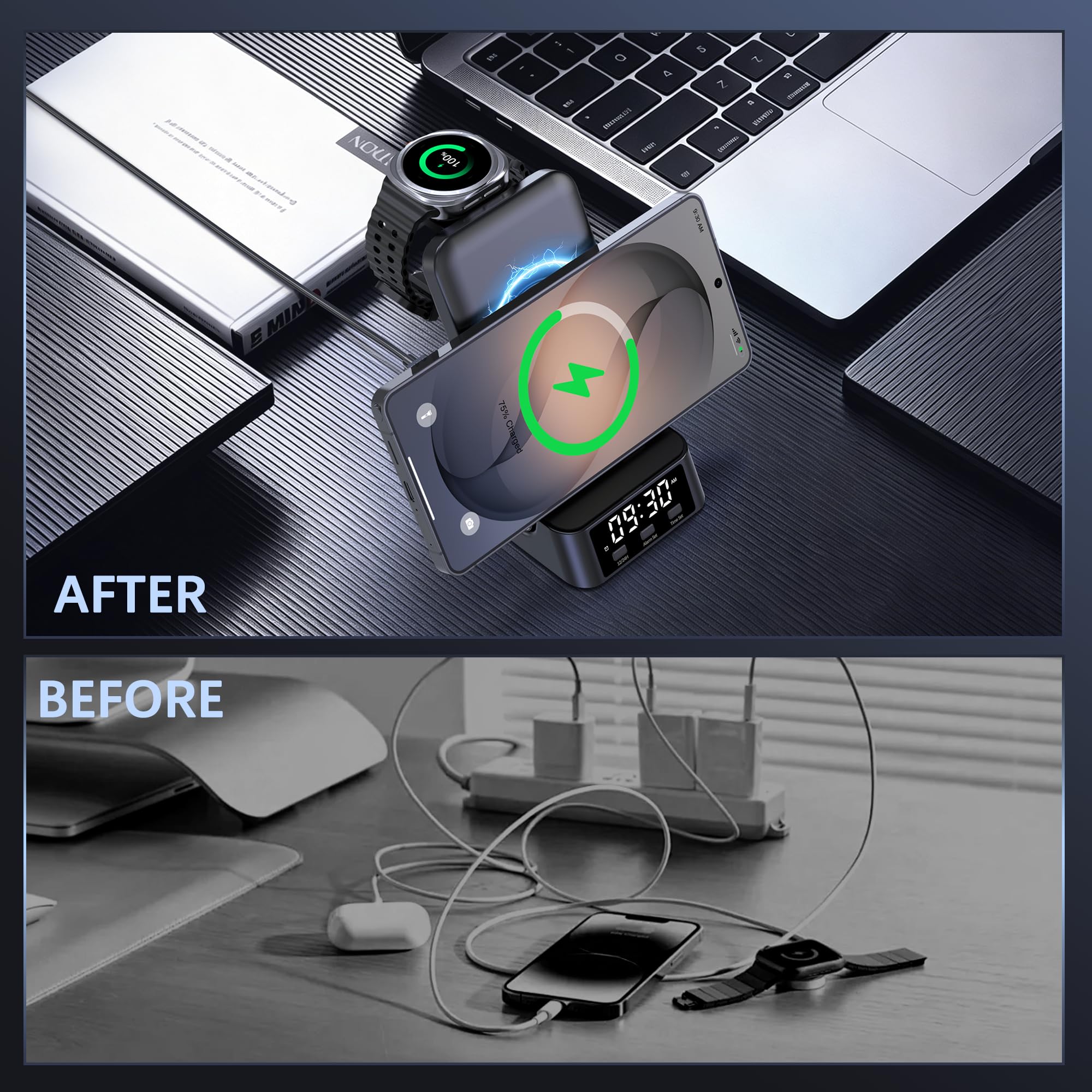 Chargeur sans Fil pour Samsung, Station de Charge 4 en 1 pour Samsung Galaxy S26 Ultra/S24 Ultra/S23/S22/Note 20/Z Flip 7/Fold 6, Chargeur pour Galaxy Watch Ultra/8/7/6, Galaxy Buds 3/2