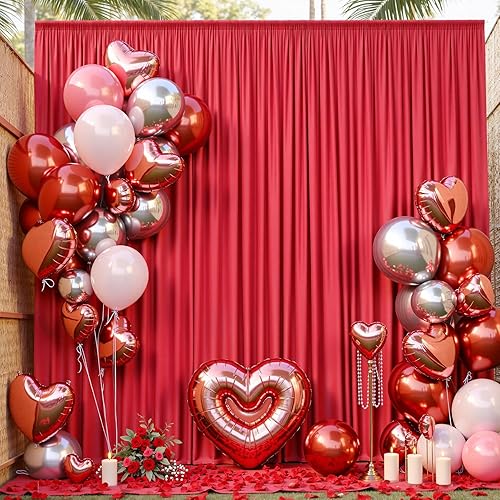 Miniatura 7 de Cortina de telón de fondo rojo sin arrugas de 30 x 10 pies para fiestas, 6 paneles de 5 x 10 pies de poliéster sedoso rojo para fotos, telón de