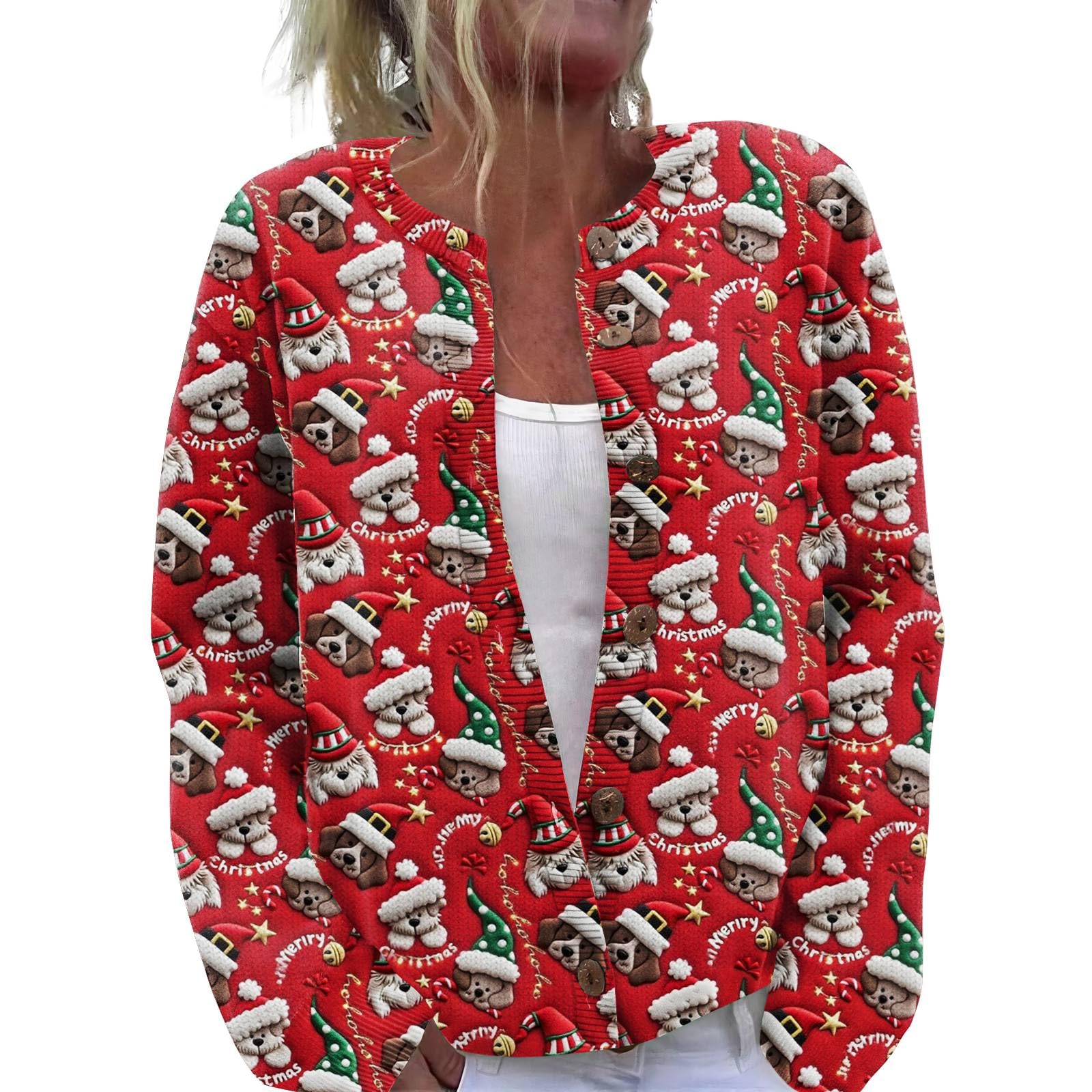 Womens Cute Cat Gnome Long Sleeve Button Knit Cardigan Sweater