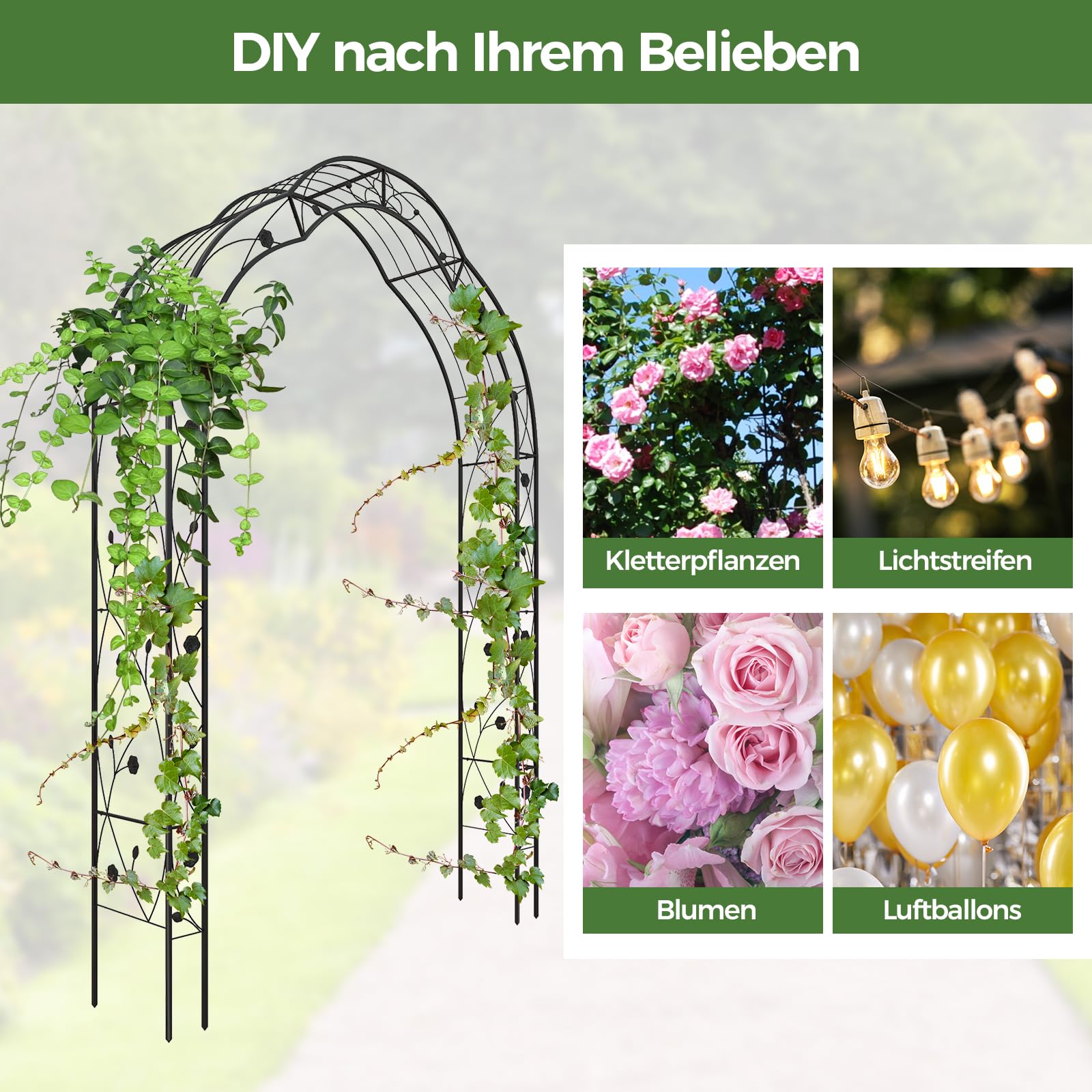 GOPLUS Rosenbogen aus Metall, Torbogen mit 7 wandelbaren Formen, Rankbogen Rankhilfe Gartenbogen, Metallbogen, oder als Halbbogen, für Kletterpflanzen, 150 x 39 x 252cm