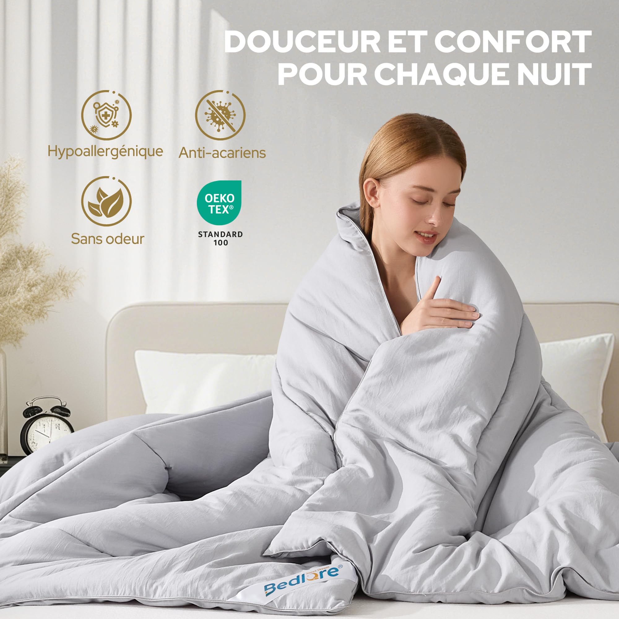 BEDLORE Couette 220x240 Tempérée 280g/m² pour Lit 2 Personnes, Couette 2 Personnes Légère avec Rembourrage en Microfibre, Édredon Douce pour 4 Saisons, Lavable en Machine, Gris