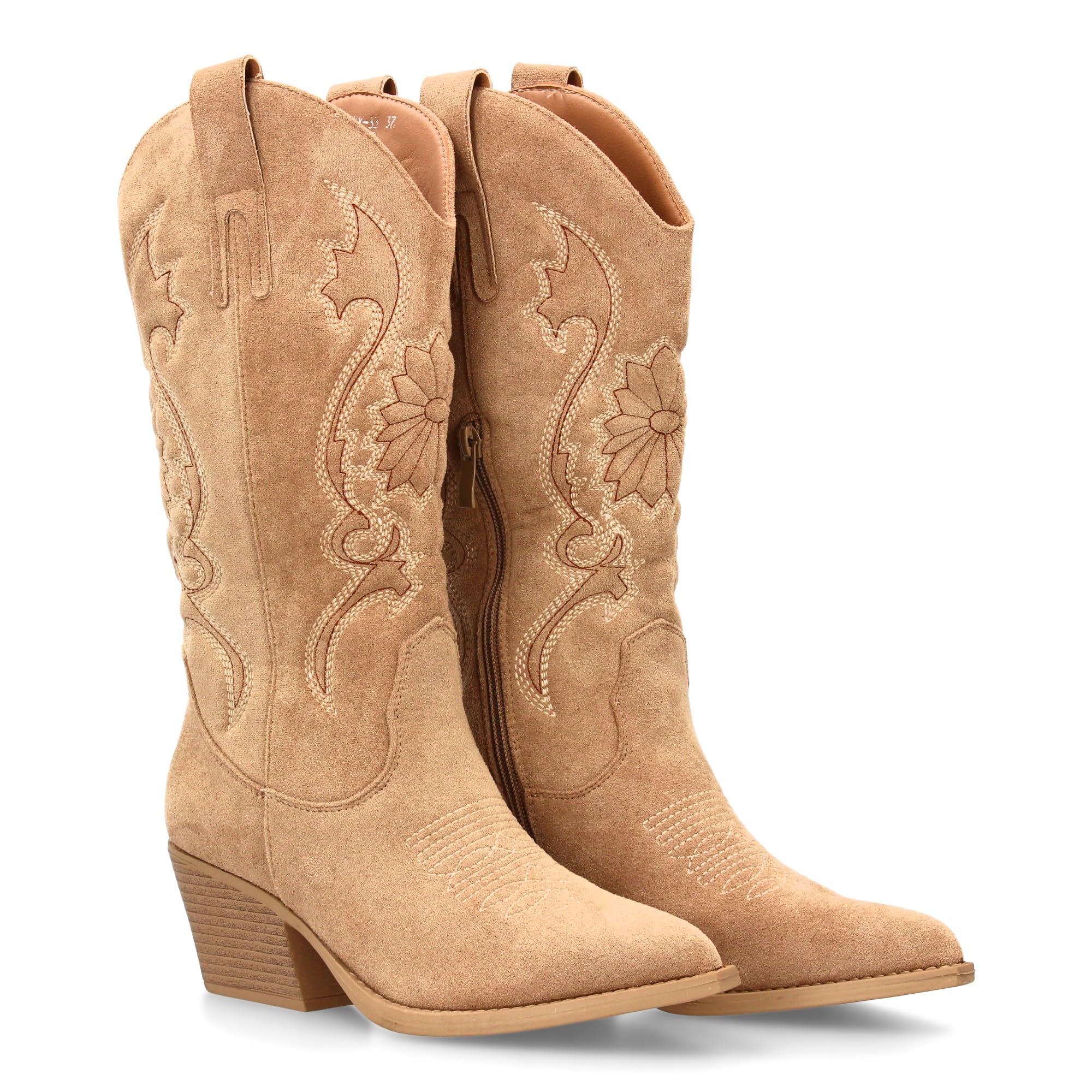 Bota Cowboy de Cana Alta con Bordados para Mujer. Tacon Medio y Punta Fina, Estampado Liso. Estilo campero y Cierre de Cremallera, Ideales para Temporada Otono Invierno.