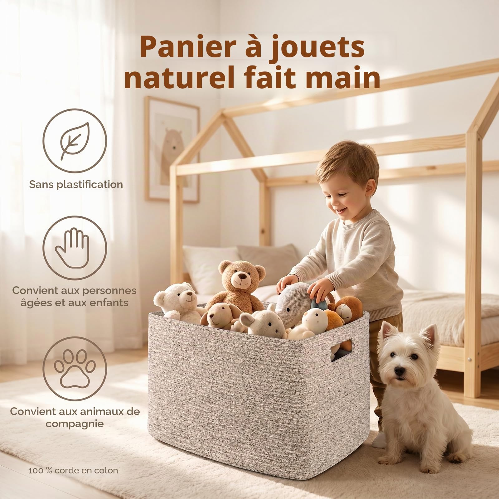 OIAHOMY Grand panier de rangement de couverture tissé avec poignée, panier en corde de coton pour organiser 55,9 x 43,2 x 30,5 cm, panier à couvertures, salon, panier à jouets pour chambre d'enfant
