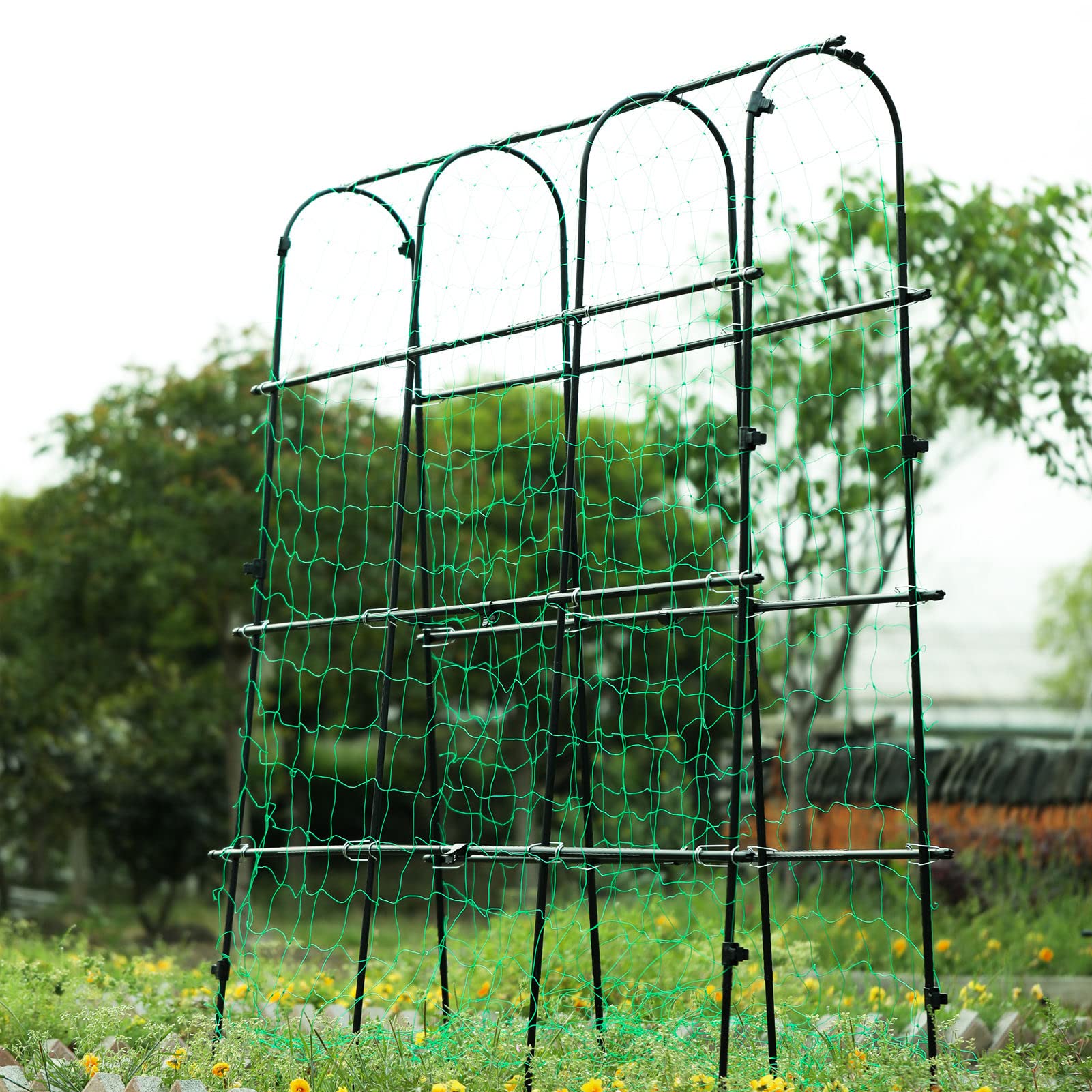 Garden Trellis for Climbing Plants Outdoor | Metal Plant Support Structure for Outdoor Vegetables/Fruits/Flowers VInes | Large Garden Arch Cucumber Trellis With Nylon Garden Netting, 6ft x 6 ft, Black