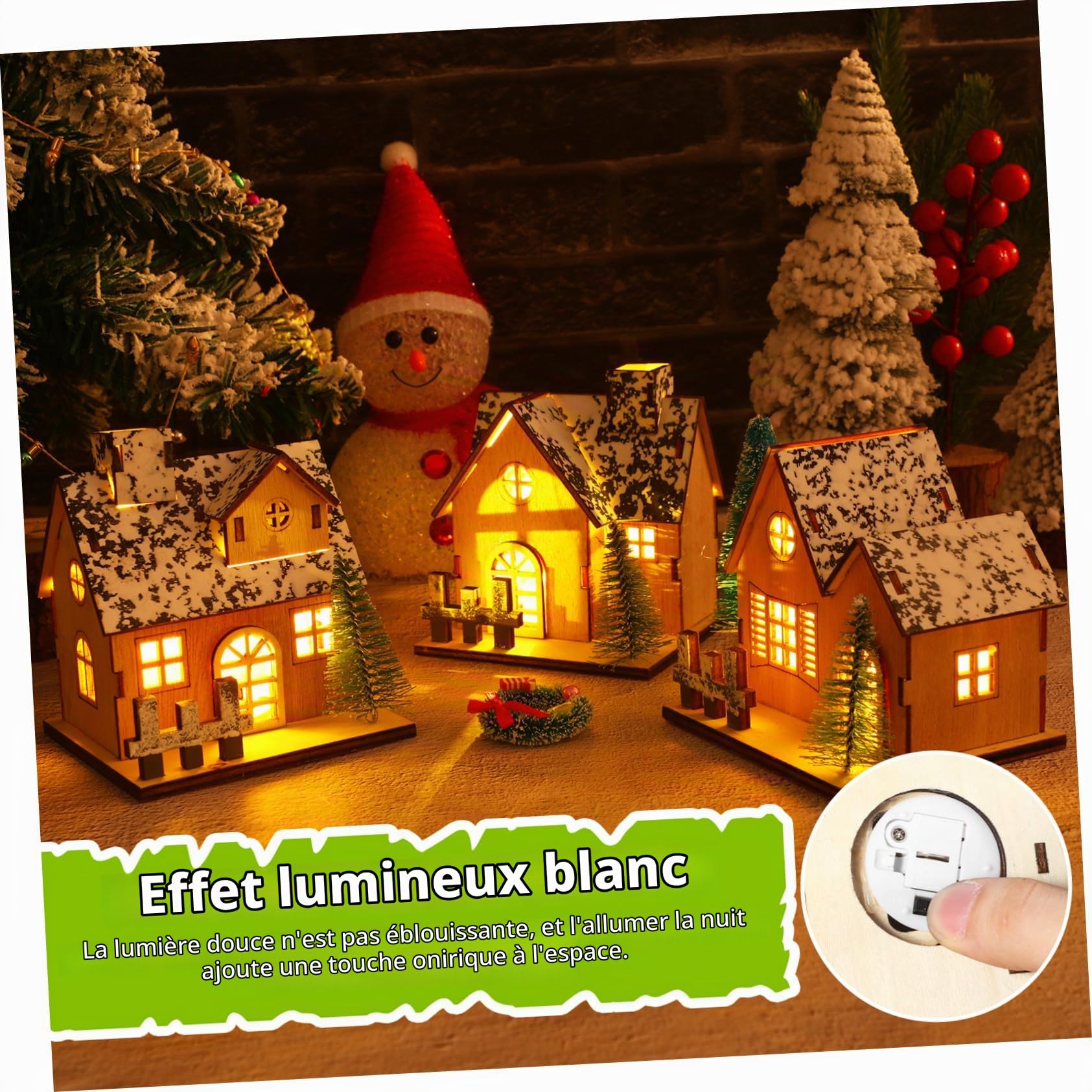 Hemobllo 3 pièces Maisons Miniatures de Noël Bois avec LED Décorations Lumineuses pour Village de Noël Ornements Non pour Centre de Table Festif