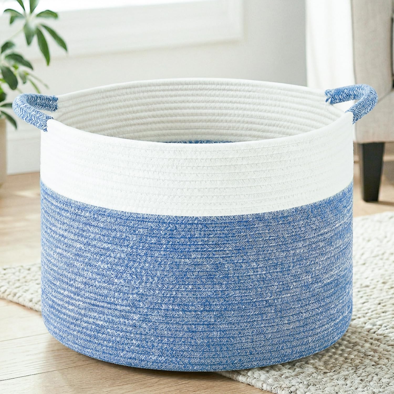 100L Large Cotton Rope Basket, Decorative Woven Blanket Storage for Living Room, Boho Toy Storage & Toy Box for Kids, Versatile Laundry Basket & Nursery Hamper for Blankets(DenimBlue)