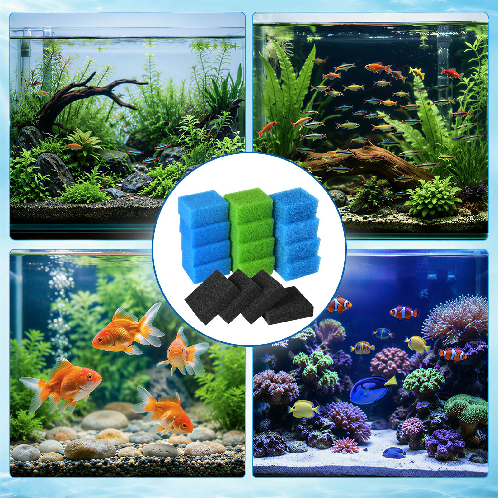 16stk Aquarium Filterschwamm Juwel Filtermedien M Kompatibel mit Juwel Compact/Bioflow 3.0 M, Set mit Blau Grob/Fein, Grün Nitrat, Aktivkohle, Nitratreduktion, Süß- & Salzwasser geeignet