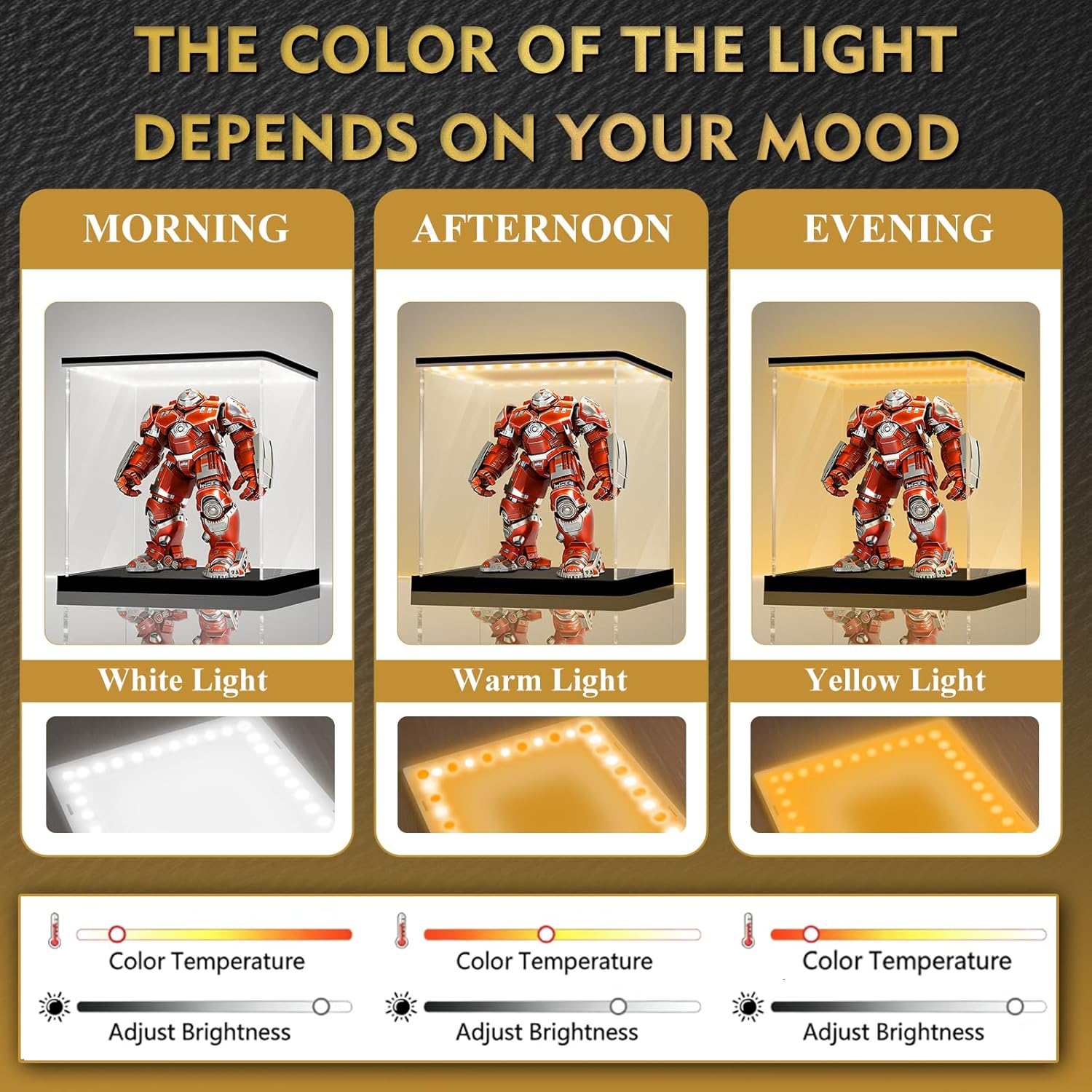 LANSCOERY Acrylic Display Case with Adjustable Yellow/White/Warm LED Light, UV Protection Clear Display Box, Dustproof Showcase for Action Figures, Models, Collectibles - 13.8x13.8x13.8inch 14x14x14inch;35x35x35cm White, Yellow and Warm Light