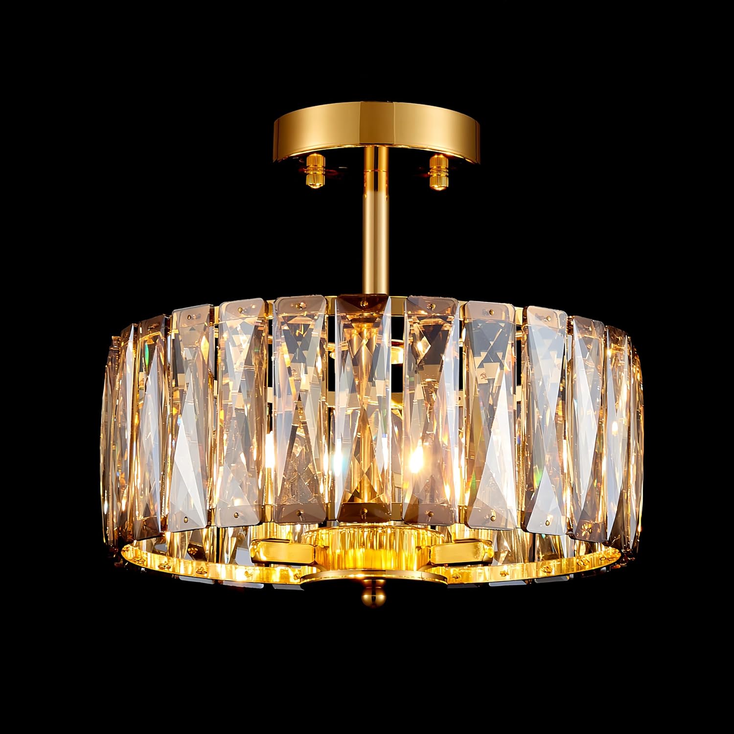Modern K9 Crystal Ceiling Light, 3-Light Semi-Flushmount Close to Ceiling Light Fixture for Kitchen, Bedroom, Hallway, D12xH9inch, Champagne Crystal & Gold Finish