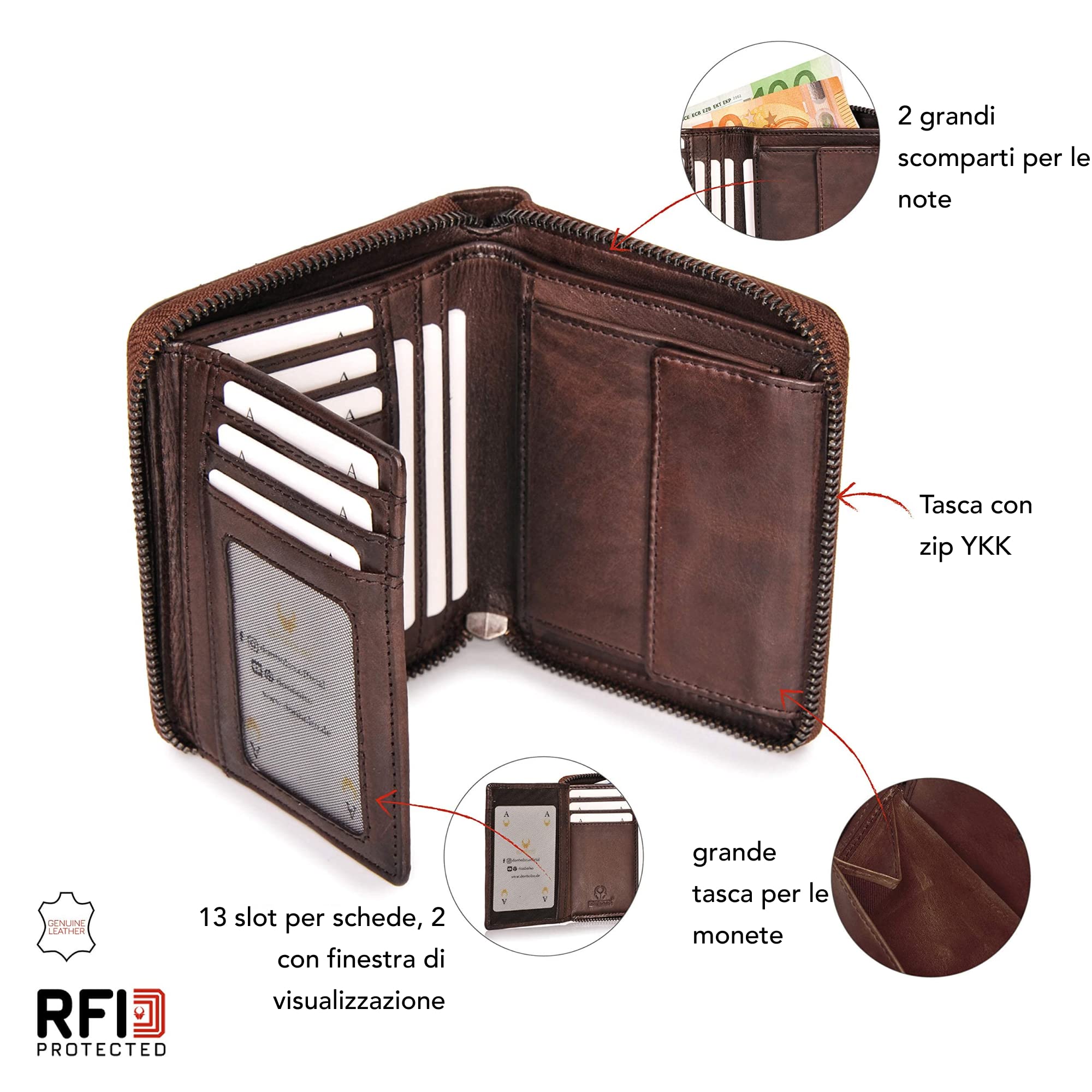 DONBOLSO Mini Portafoglio Donna Montréal | Portafoglio Donna Pelle | Portafoglio con Cerniera Piccolo e Sicuro | 13 Scomparti per Porta Carte di Credito e Protezione RFID | Marrone