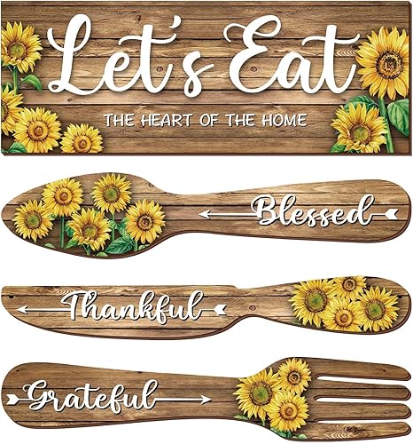 YLOLUL Letrero de madera con diseño de girasol, diseño de "Let's Eat", tenedor, cuchara, cuchillo, decoración de pared, girasol, madera rústica,
