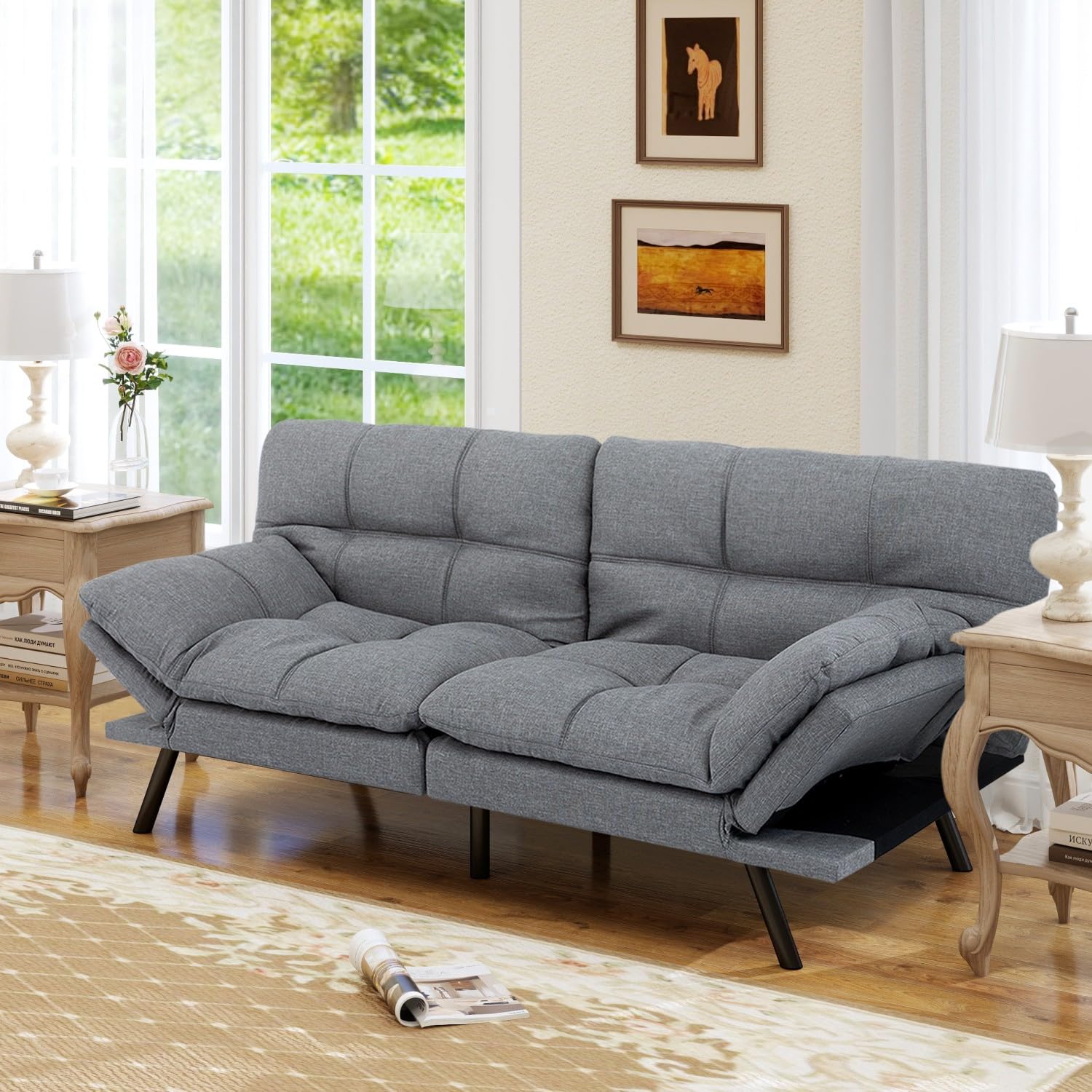 MUUEGM 71” Convertible Futon Sofa Bed, Upholstered Small Futon Couches with Adjustable Backrest, Loveseat Sleeper Bed for Compact Living Room Studio