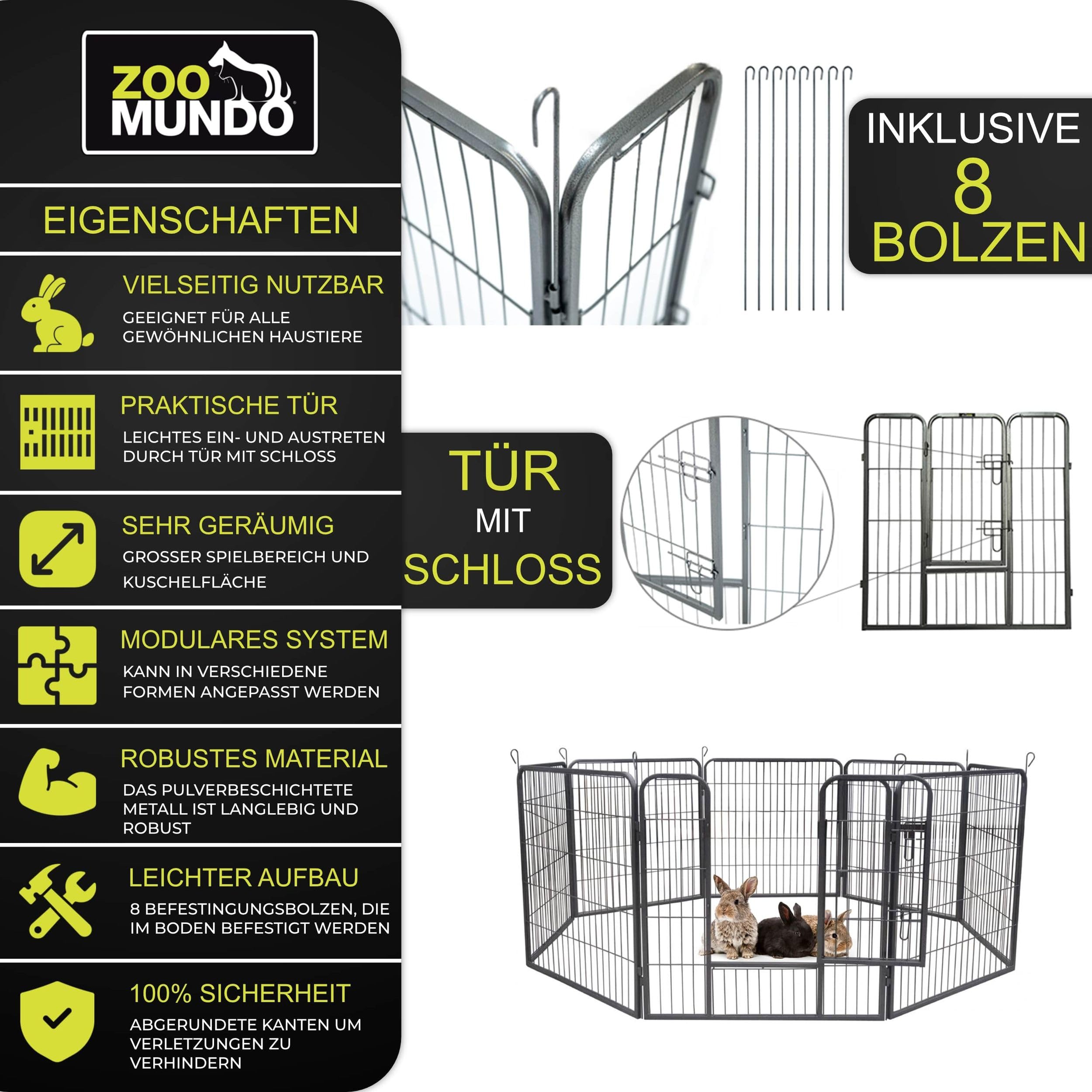 zoomundo Welpenauslauf 100cm hoch XL Laufgitter Tierlaufstall Welpenkäfig Absperrgitter Freilaufgehege Welpenzaun 8-Eck - Black Edition