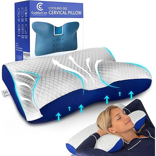 Cooling Gel Cervical Neck Pillow for Pain Relief Sleeping – Ventilated Blue Memory Foam - Orthopedic Contour Pillow for Side, Back, Stomach Sleeper - Ergonomic Neck and Shoulder Support Pillows