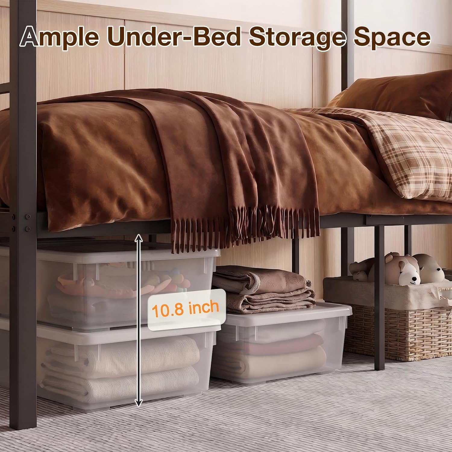 IKIFLY Metal Full Over Full Bunk Beds with LED Lights and Charging Station, Heavy Duty Full Size Bunk Bed Frame, Safety Guardrail & 2 Ladders, No Box Spring Needed, Easy Assembly, Black