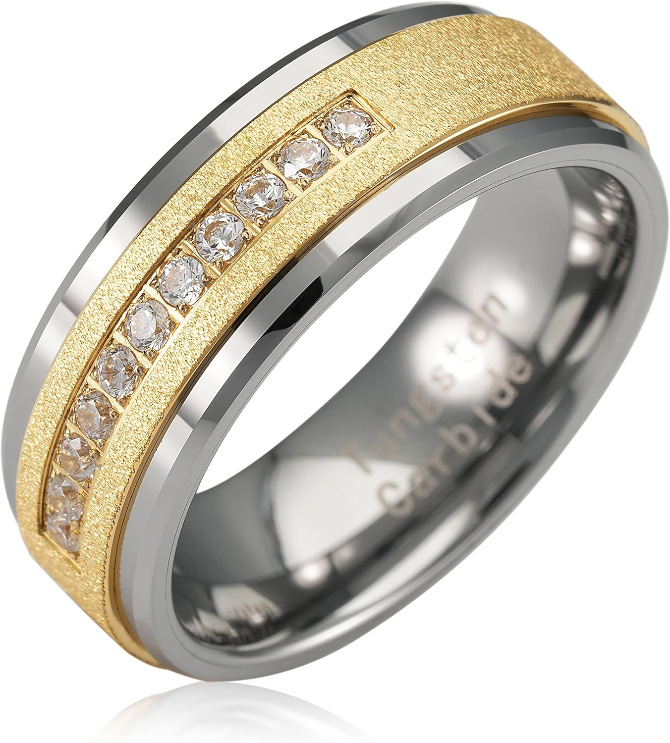 100S JEWELRY Men's 14k Gold Sandblast Bling Tungsten Ring with Cubic Zirconia CZ Perfect Band for Wedding Engagement Promise and Everyday Wear