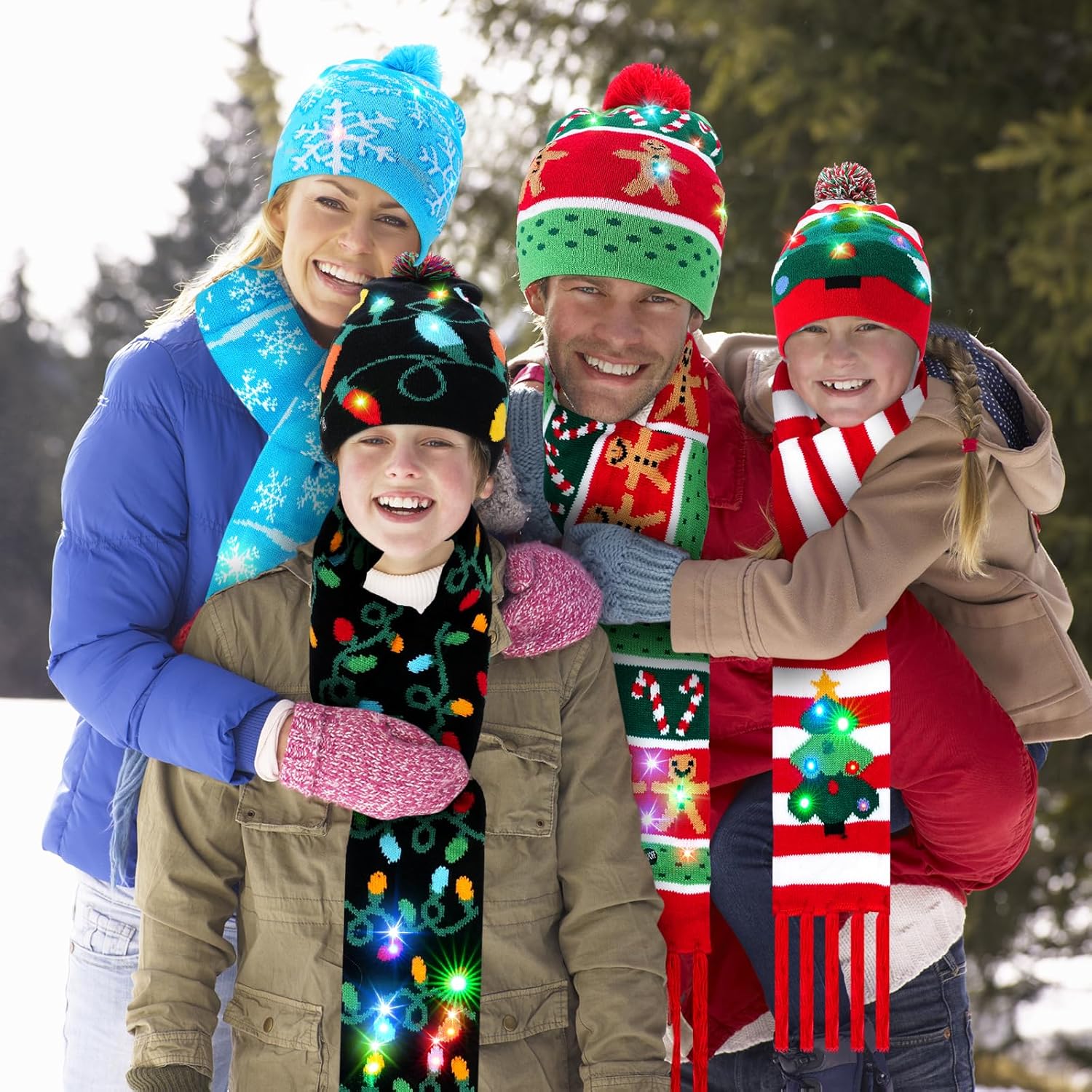 Suhine 8 Pcs Christmas LED Light Up Hats and Light Up Scarf Set 4 Christmas Beanie Colorful Knit Cap 4 Xmas LED Scarf for Adults Kids Party Birthday, 4 Styles