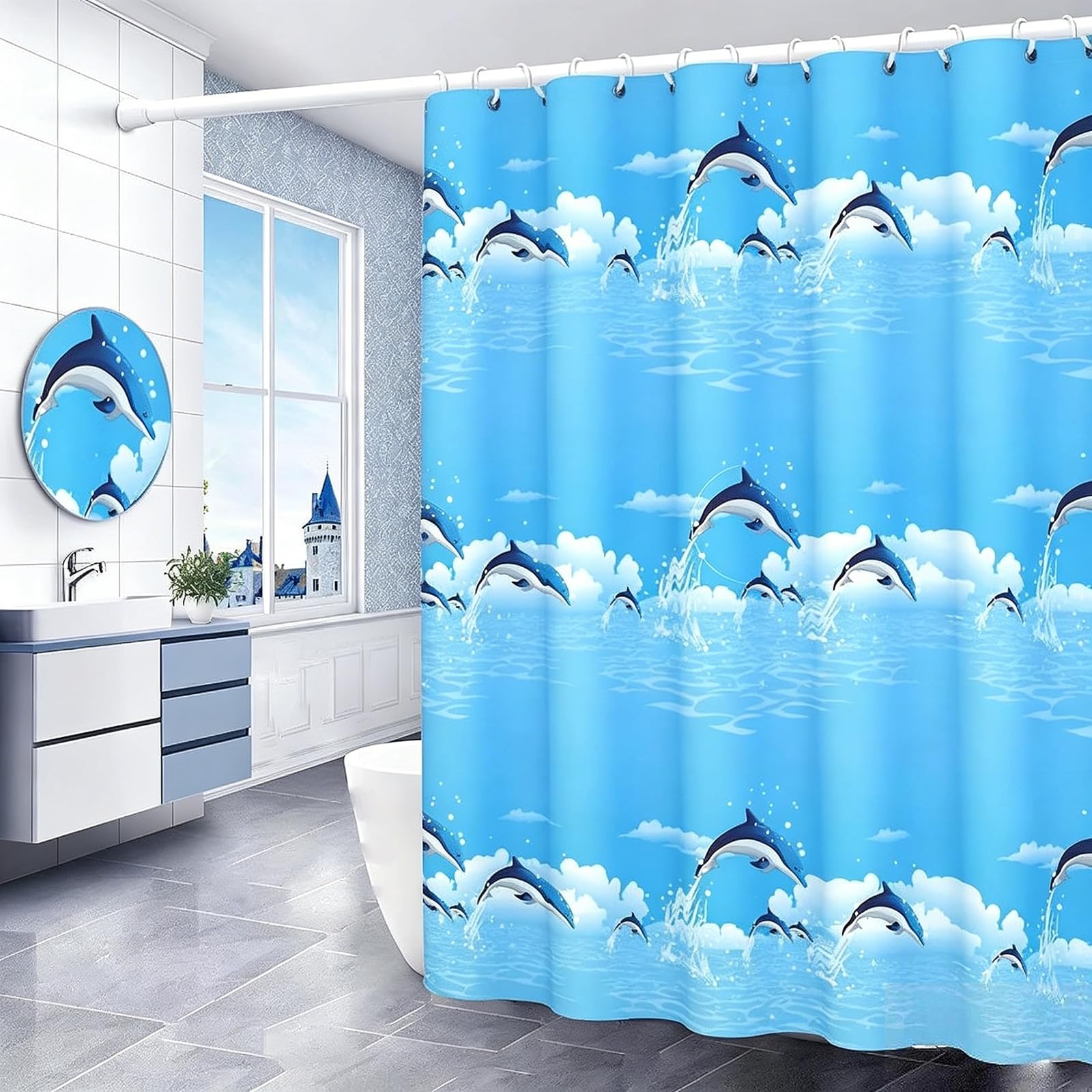 Huanyo Blue#Delphis Shower Curtain Mould Proof Resistant, 180 X 200Cm Waterproof Bathroom Bathtub Curtain With 14 Hooks, One Piece Per Set For Bath, Wet Room & Tub (Blue#Delphis)