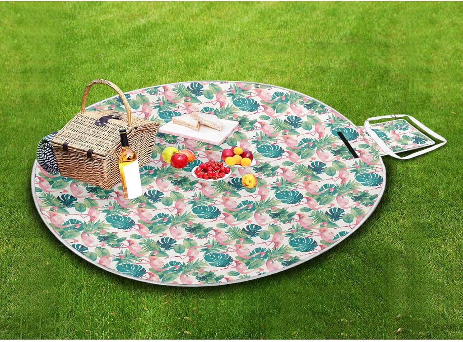 Round Camping Blanket - Fits 2 Adults, Summer Accessories Water Resistant Waterproof Blanket for Spring Summer Camping 58 in (Summer Flamingos)