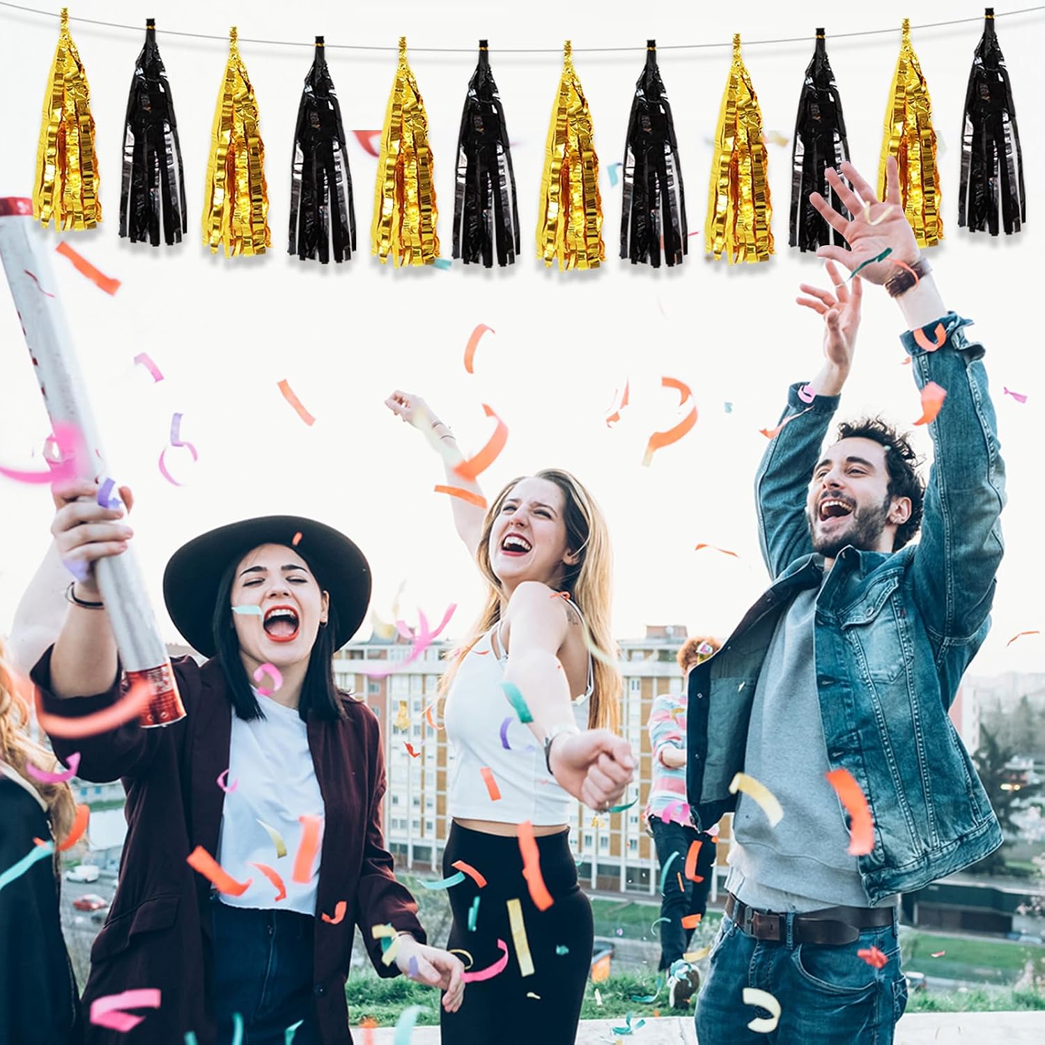 BEISHIDA 3 Packs Black Gold Metallic Foil Fringe Tassel Garland Pre-strung Tassels Banner Streamers New Year Graduation Birthday Wedding Engagement Baby Shower Christmas Holiday Party Decoration 45pcs