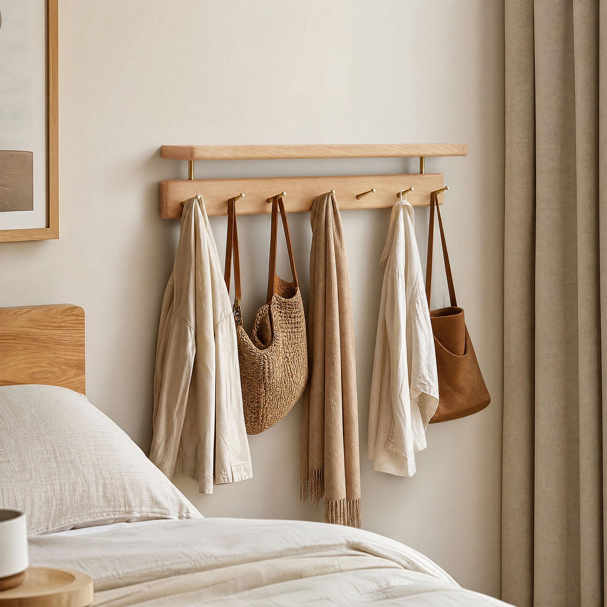 YESWOOD Porte Manteau Mural en Hêtre Massif, 7 Crohets en Laiton, Porte Clé Mural avec Étagère, Patère Mural pour Vêtements, Chapeaux, Serviettes, Hêtre Naturel