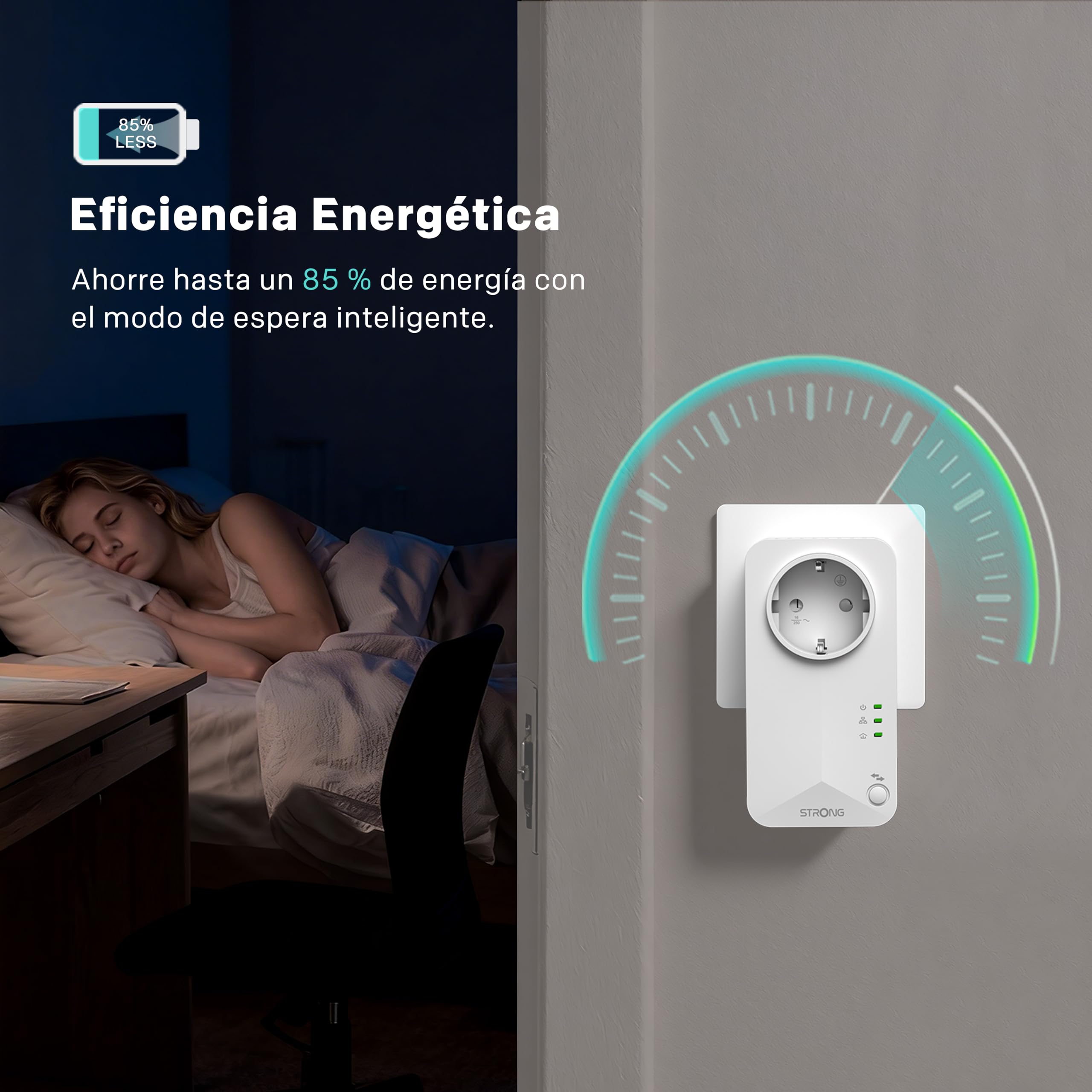 Strong AV600 Adaptador Powerline Set con Enchufe, PLC HomePlug AV2, Plug & Play, Enchufe Integrado, Modo de Ahorro de Energía, Puertos LAN 100 Mbit/s, Sin WiFi, Internet por Red Electrica