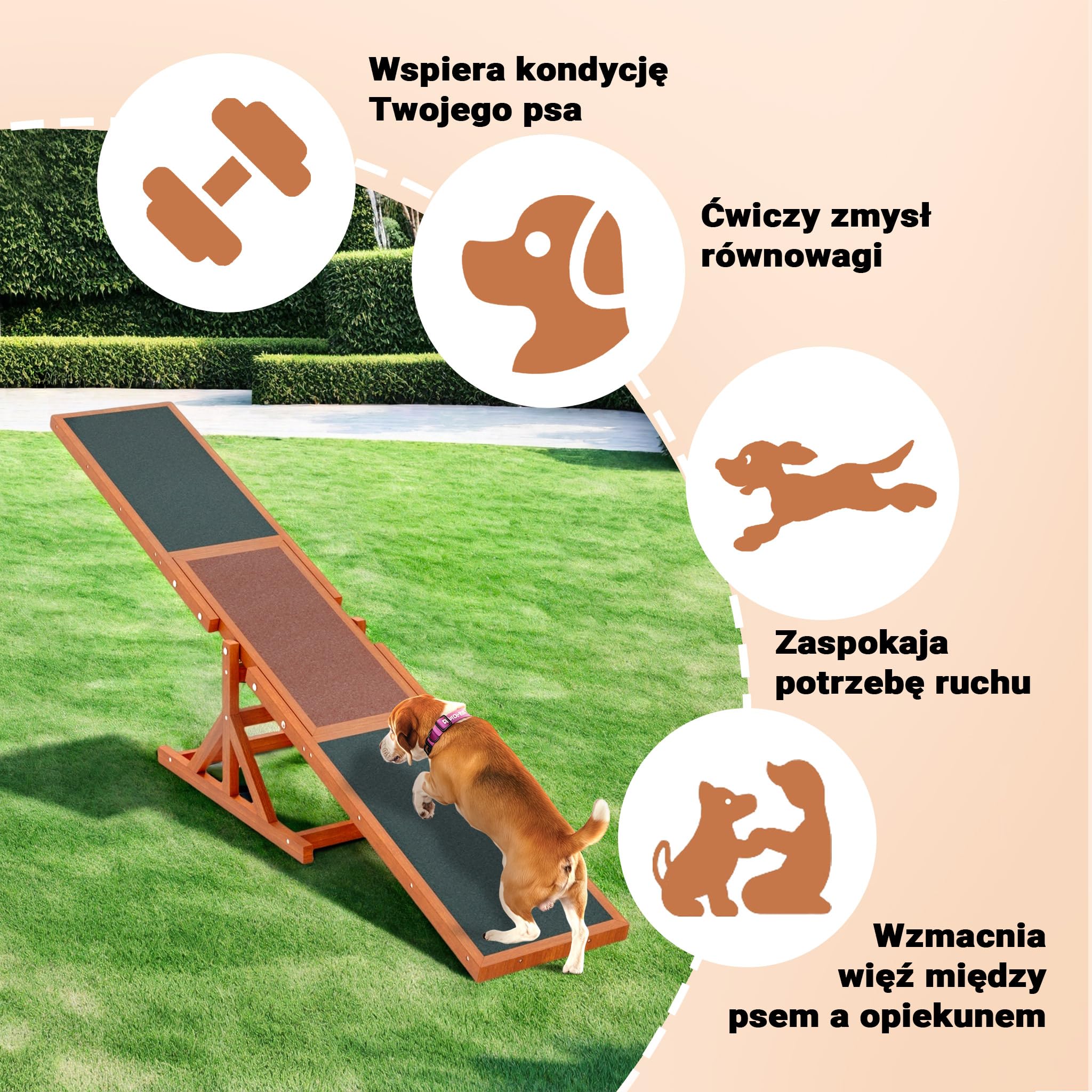 Wiltec Huśtawka agility dla psów 180x30x30cm drewniana do treningu zwinności do ogrodu i toru dla małych i dużych psów, sprzęt do zabawy i ćwiczeń