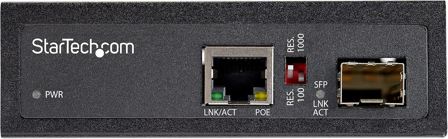 StarTech.com PoE+ Industrial Fiber to Ethernet Media Converter 60W - SFP to RJ45 - Singlemode/Multimode Fiber to Copper Gigabit Ethernet - Compact Size - IP-30/ -40 to +75C, TAA (IMC1GSFP60W)