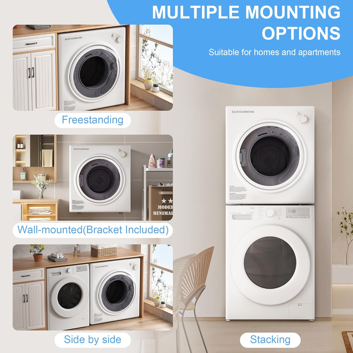 Close-up image of the Elevon GYJ10-P10 dryer demonstrating freestanding, wall-mounted, side-by-side, and stacking installations.
