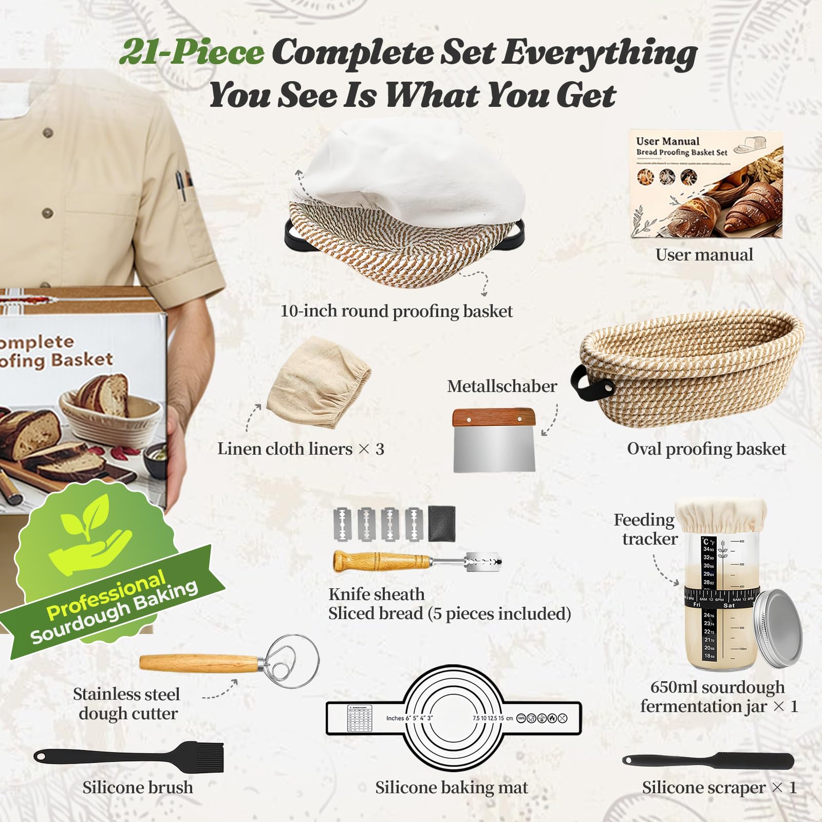 21 Pièces Kit Pain au Levain avec 25cm Ovale et 23cm Rond Corde en Coton Pliable Banneton, Kit Pain avec 650ml Bocal Levain,Sourdough Starter Kit pour Pâtissiers Débutants et Expérimentés