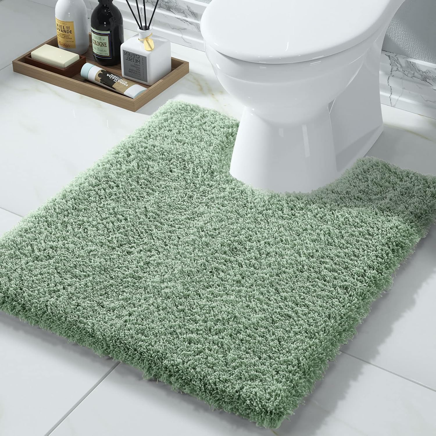 Yimobra U Shaped Toilet Bath Rug, Fluffy Plush, Super Shaggy Soft Non Slip, Water Absorbent Microfiber Bath Mat, Dries Quickly, Machine Washable Thick Bathroom Rugs, 20"x 24", Pure Light Green Pure Light Green 20" x 24"