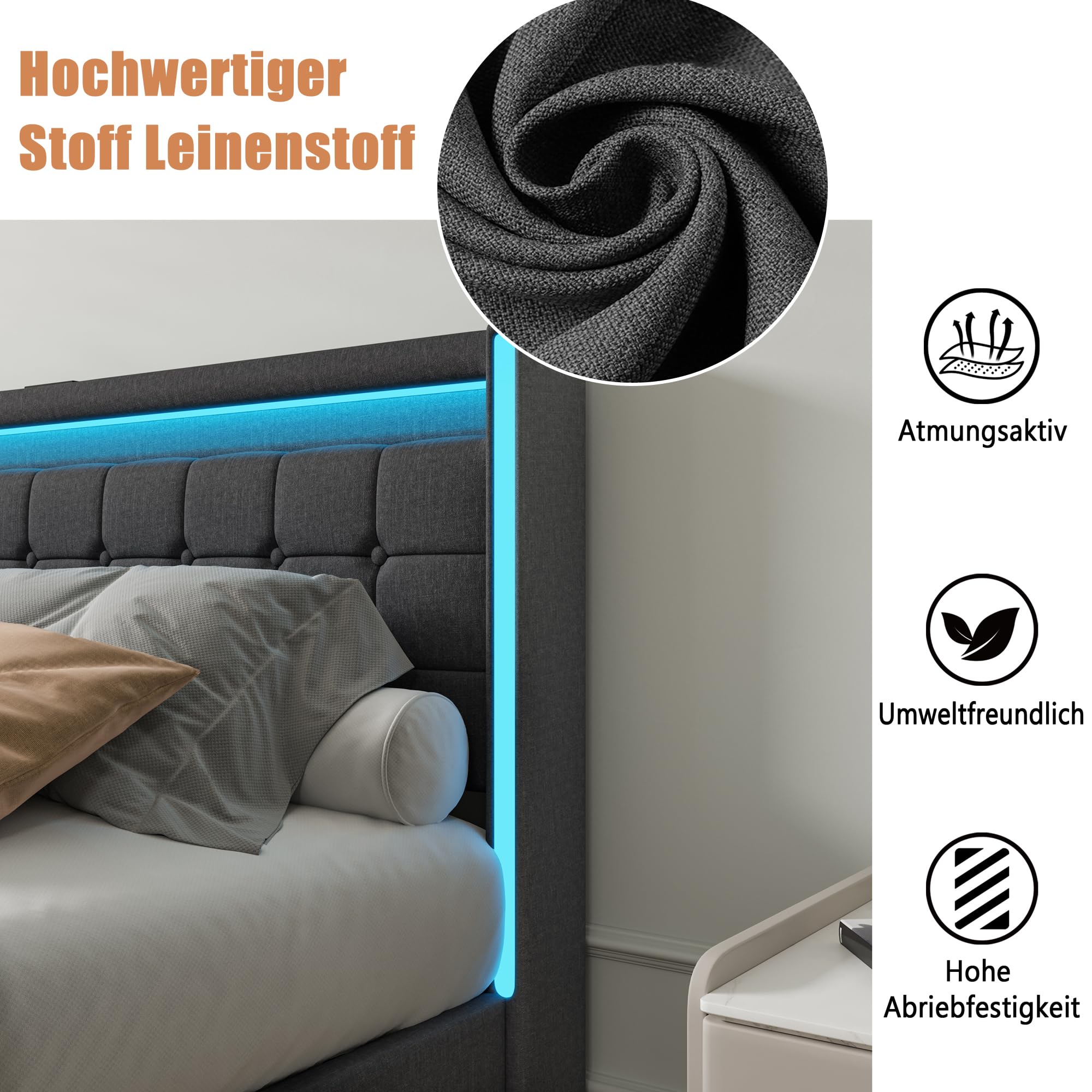 BRILVERDE Polsterbett 180x200 mit Stauraum, Doppelbett mit USB und LED, Jugendbett mit 4 Schubladen, Funktionsbett, Bettgestell mit Lattenrost, Linen (Grau, 180 x 200 cm)
