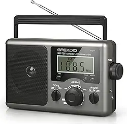 Greadio Rádio de ondas curtas portátil, rádio transistor AM FM com melhor recepção, visor LCD, configuração de tempo, bateria operada por baterias de 4 D ou alimentação CA, grande alto-falante, entrada de fone de ouvido para presente, velho, casa