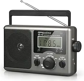 Greadio Rádio de ondas curtas portátil, rádio transistor AM FM com melhor recepção, visor LCD, configuração de tempo, bateria operada por baterias de 4 D ou alimentação CA, grande alto-falante, entrada de fone de ouvido para presente, velho, casa