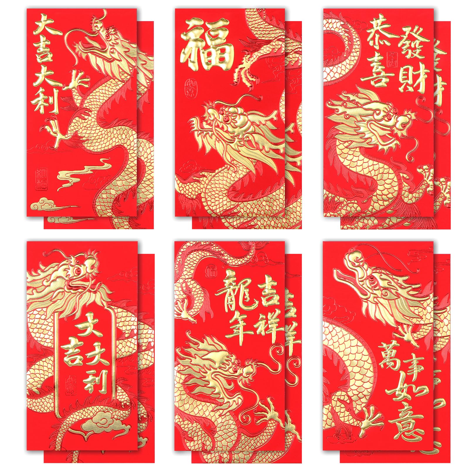 Chinese Red Envelopes 2025,Chinese New Year Red Envelope Large Lucky Money Envelopes Lunar Snake Year Envelope Red Packets Gold Foil Hong Bao for Cash,6 Patterns 12 Pcs