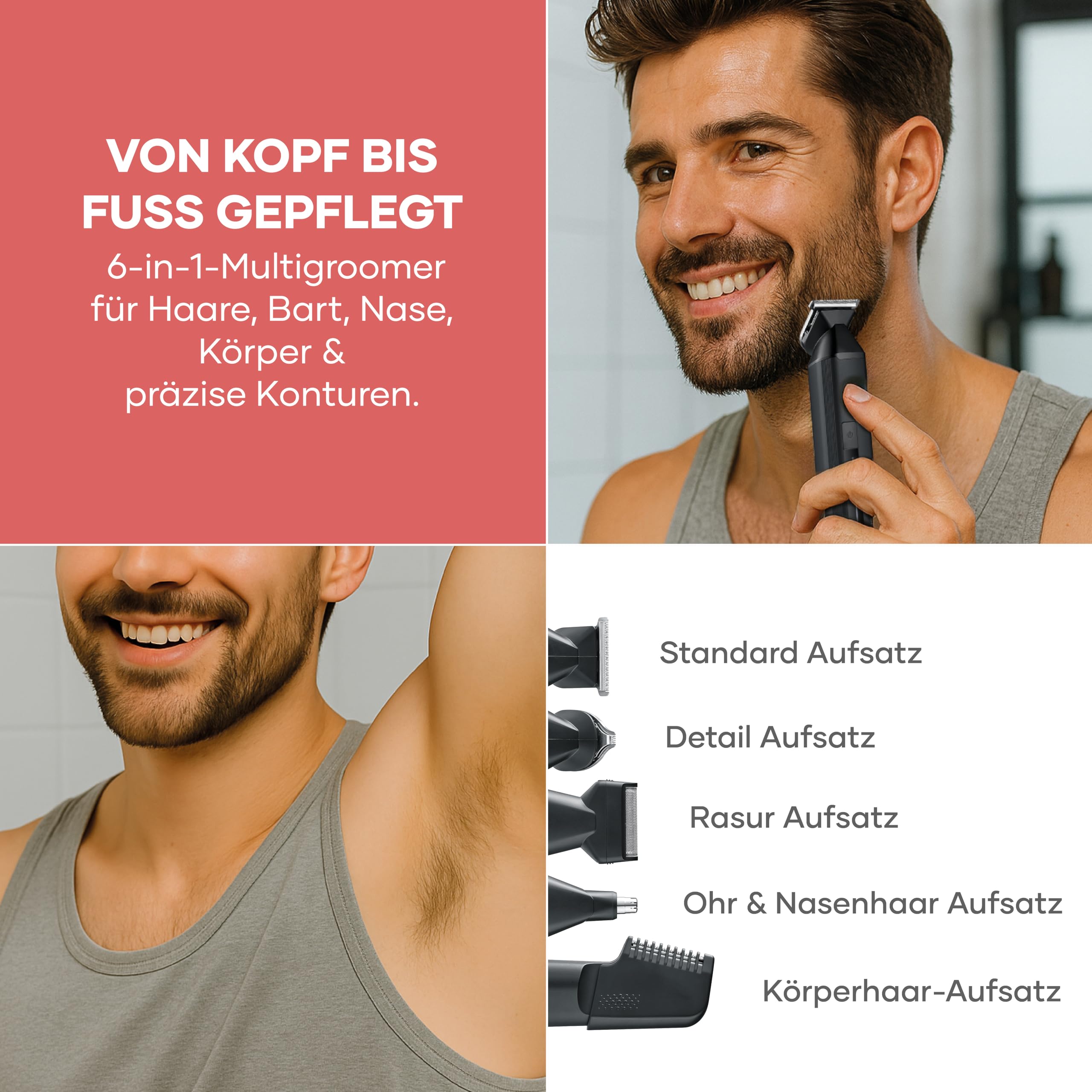 Severin Multi Grooming Set, Haarschneidemaschine, Barttrimmer, Körpertrimmer, Nasenhaartrimmer, Herren, wasserdicht, kabellos, 90 Min. Akku, 6 in 1, 3/6/9/12 Schnittlängen, schwarz, HS 0710