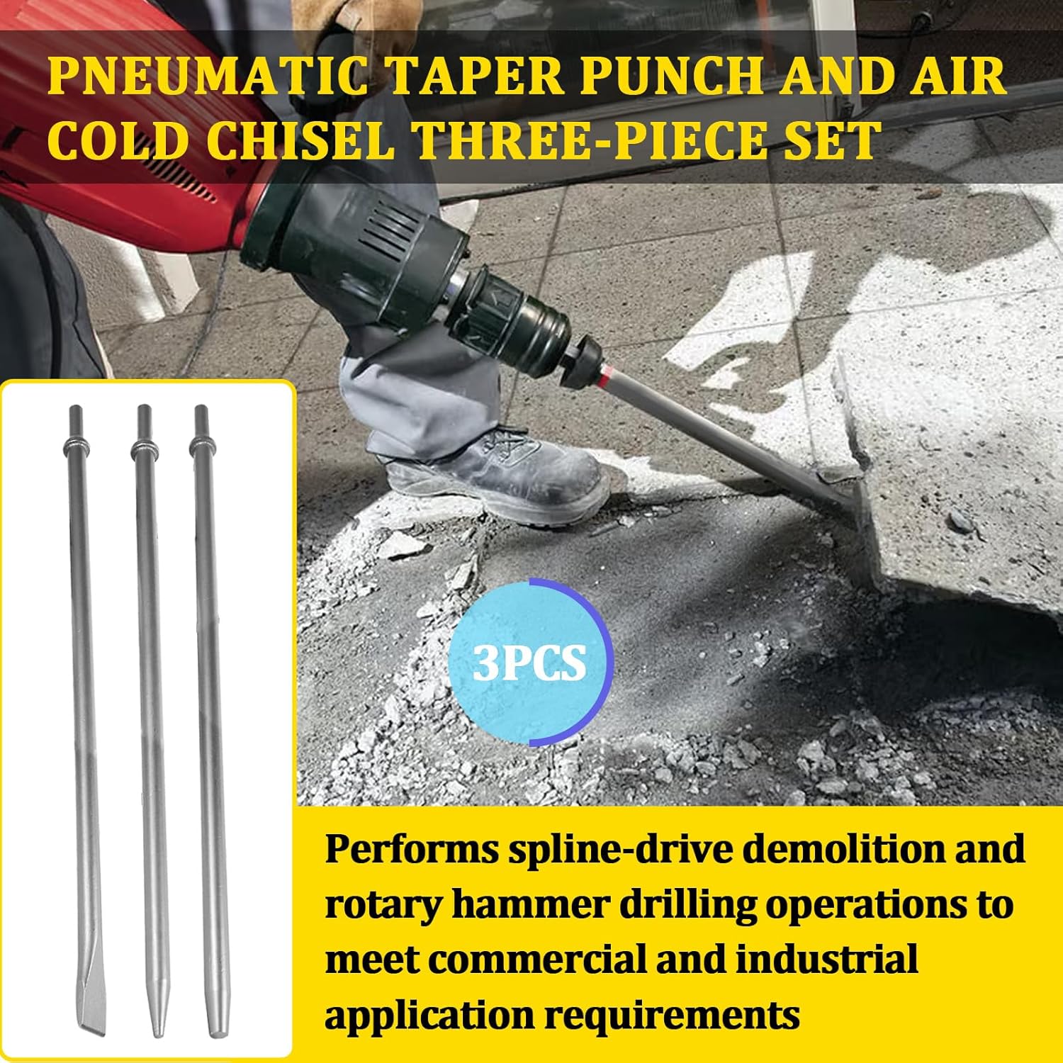 3 pack Pneumatic Taper Punch and Air Cold Chisel Set, 7/32-inch Point Tip, 3/8-inch Point Tip, 3/4-inch Flat Chisel, 18-inch Long, 0.401 Inch Shank Air Tool Suitable for Air Hammer, Cr-Mo Alloy Steel
