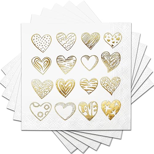 Corazones, servilletas de cóctel, papel desechable de papel dorado, paquete de 50 piezas, 2 capas de 5 x 5 pulgadas, suministros para fiestas o