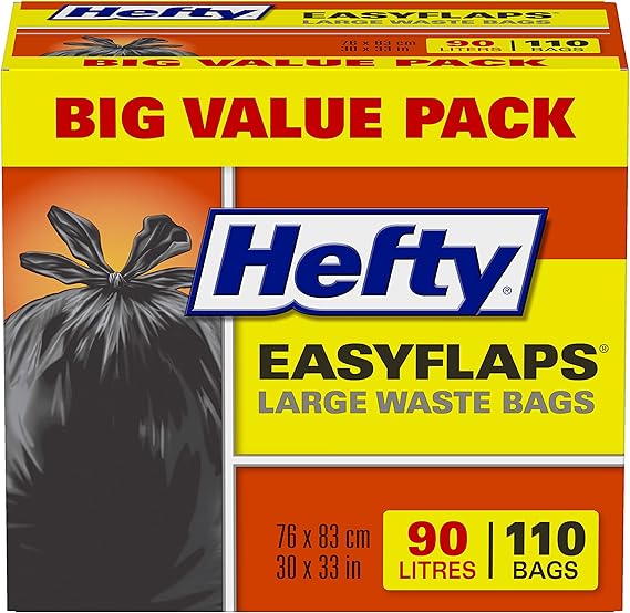 Hefty® Garbage Bags, Value Pack Large 90 Litres Black, EasyFlaps®, 110