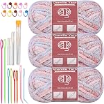 LUNARM Chenille Velvet Yarn, Soft Chunky Blanket Yarn for Crocheting 3*100g | Include 12pcs Big Eye Needles, 10pcs Stitch Markers for Hand Knitting Scarves, Clothes, Machine Washable-Yellow