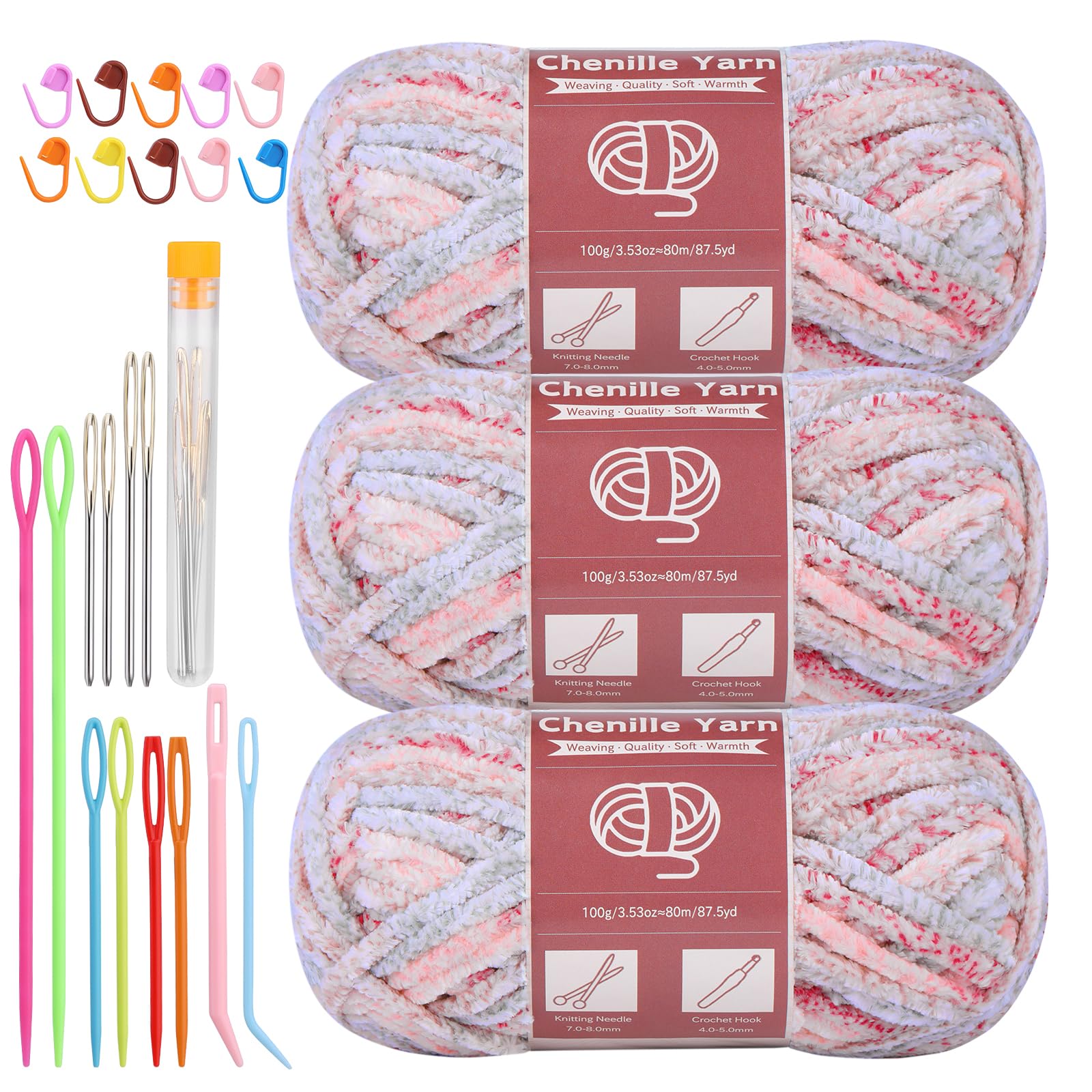 LUNARM Chenille Yarn for Crochet Knitting Chunky Blanket Velvet Yarn | 3 Pack 3.5oz 263 Yard Pink Purple Green Gradient Yarn for Beginners Knitting Scarves with Big Eye Needles Machine Washable