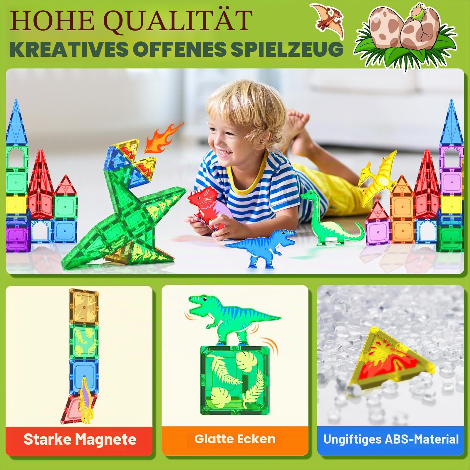 Magnetische Dinosaurier-Spielzeugplättchen – Magnet-Bausteine ​​für Kleinkinder, STEM-Sensory-Outdoor-Spielzeug für Jungen und Mädchen ab 3 Jahren, Dinosaurierwelt, kreative Spiele, Kinderspielzeug