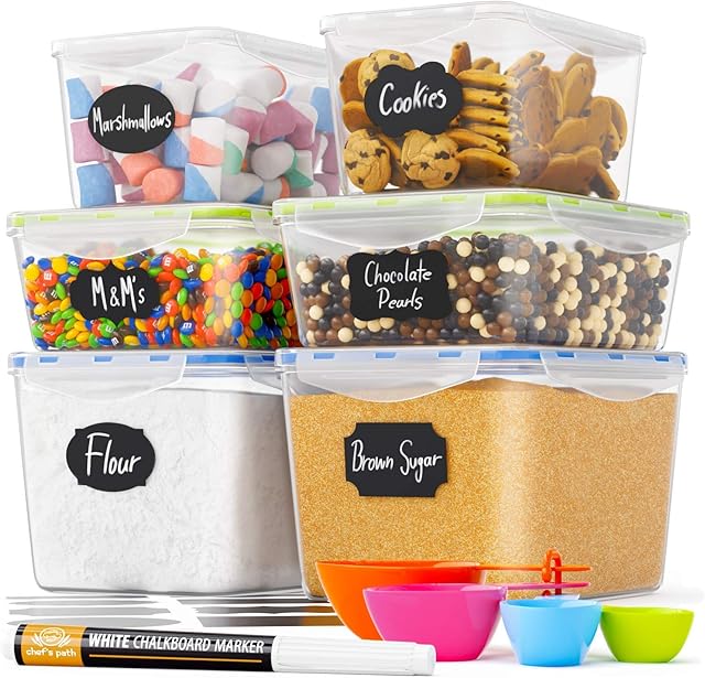 Chef's Path Airtight Food Storage Containers with Lids (6 Pack) - Kitchen Storage Containers for Kitchen Storage & Organisation, Pasta, Flour, Sugar and Baking Supplies - Kitchen Accessories Included